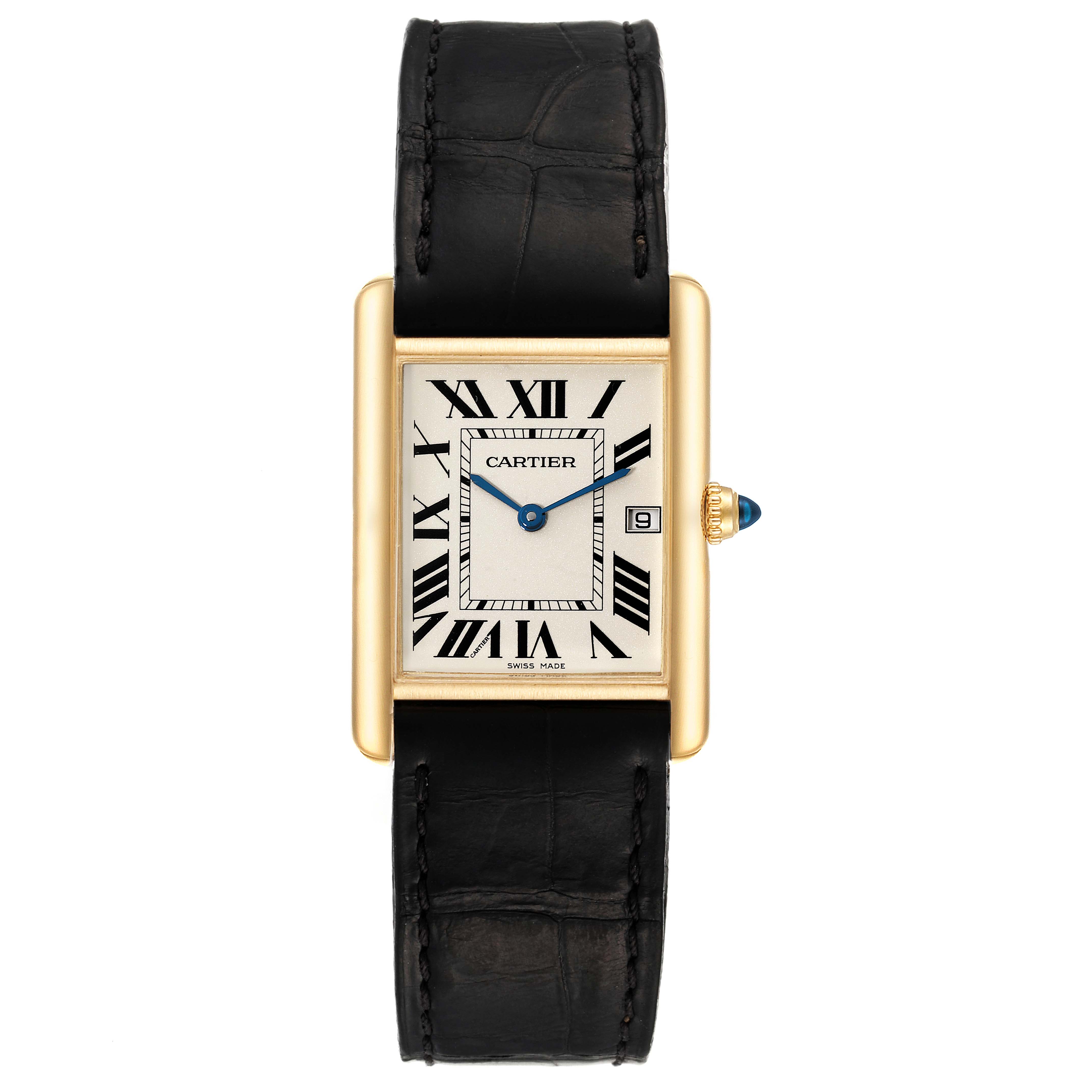 This image shows a front view of the Cartier Tank Louis W1529756 Men
s Yellow Gold Silver Dial W1529756 Men
s Yellow Gold Silver Dial watch, highlighting its face, black strap, and gold casing.