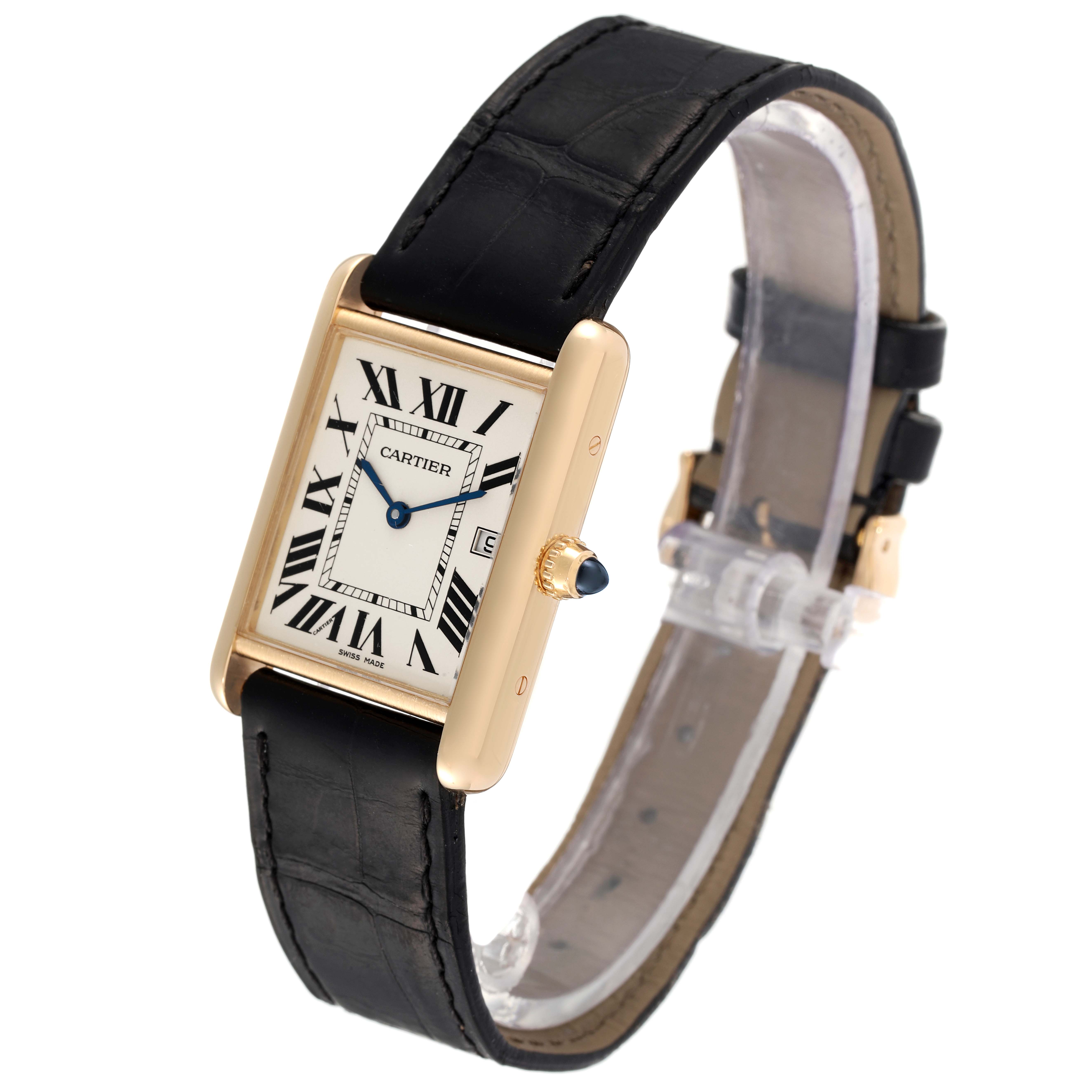 The image shows a side angle of the Cartier Tank Louis W1529756 Men
s Yellow Gold Silver Dial W1529756 Men
s Yellow Gold Silver Dial model watch, highlighting its rectangular face, Roman numerals, and black leather strap.