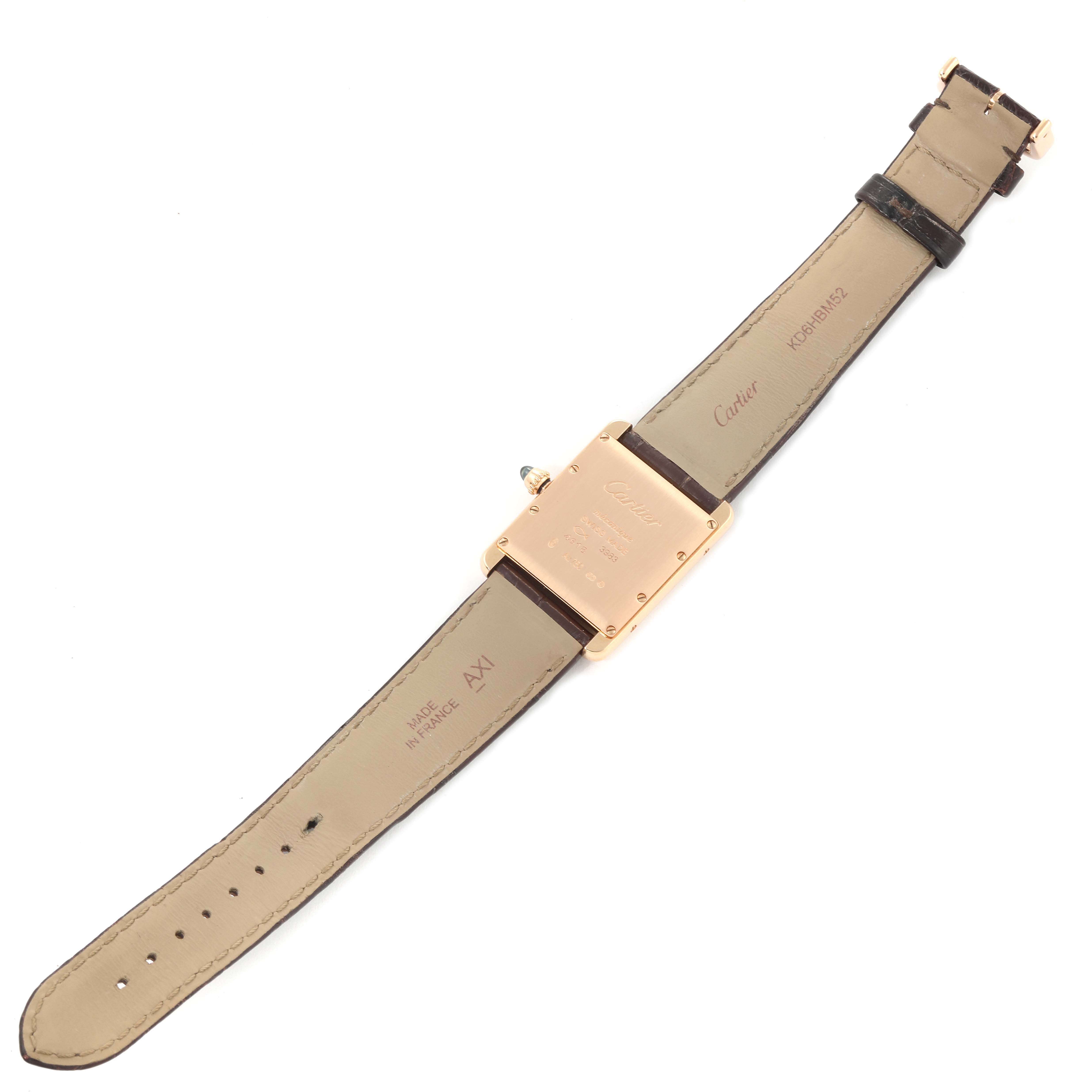 This image shows the back of the Cartier Tank Louis WGTA0011 Men's Rose Gold Silver Dial WGTA0011 Men's Rose Gold Silver Dial watch with the strap laid flat and the watch's back plate visible.