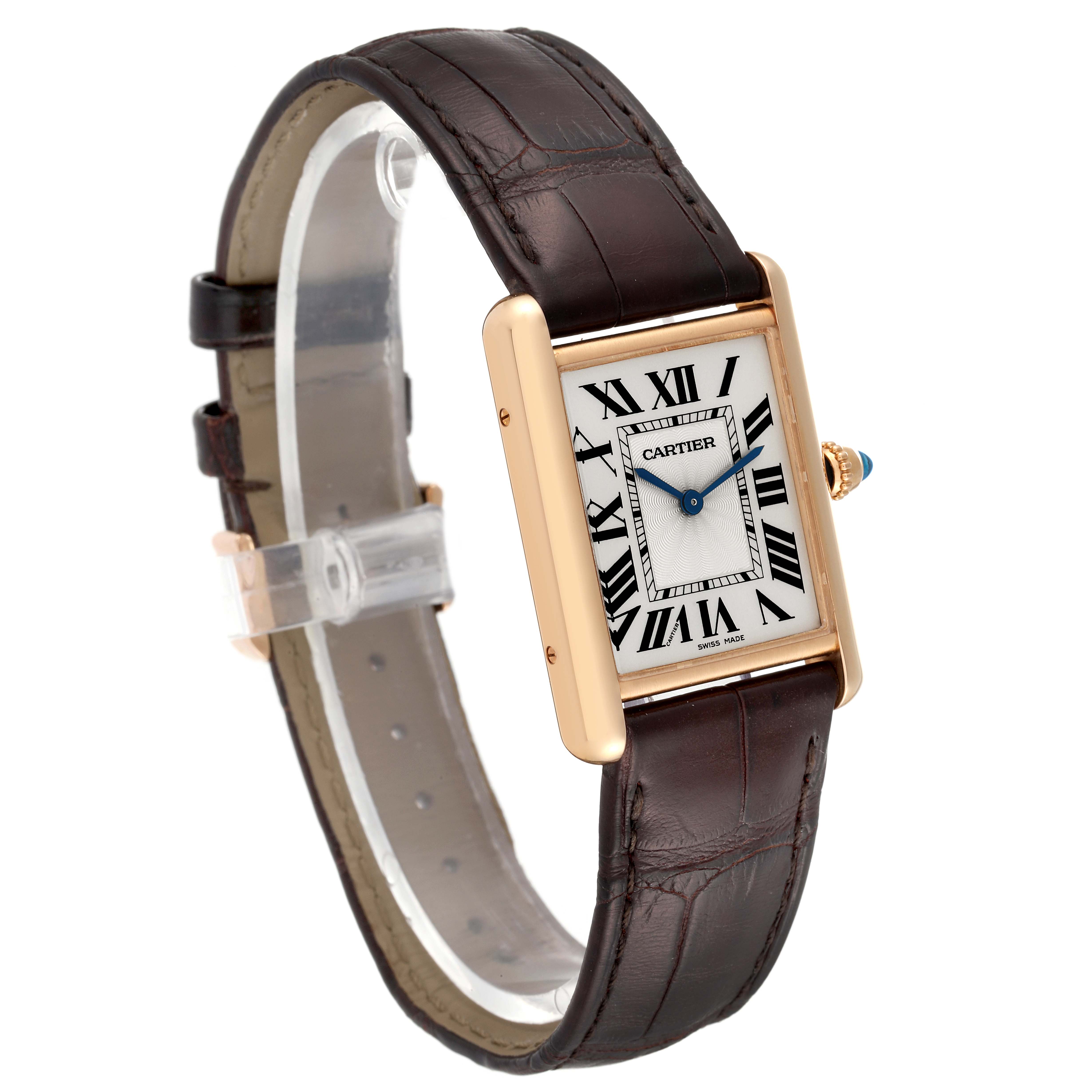 The Tank Louis model by Cartier is shown at a 3/4 angle, displaying the face, case, crown, and leather strap.