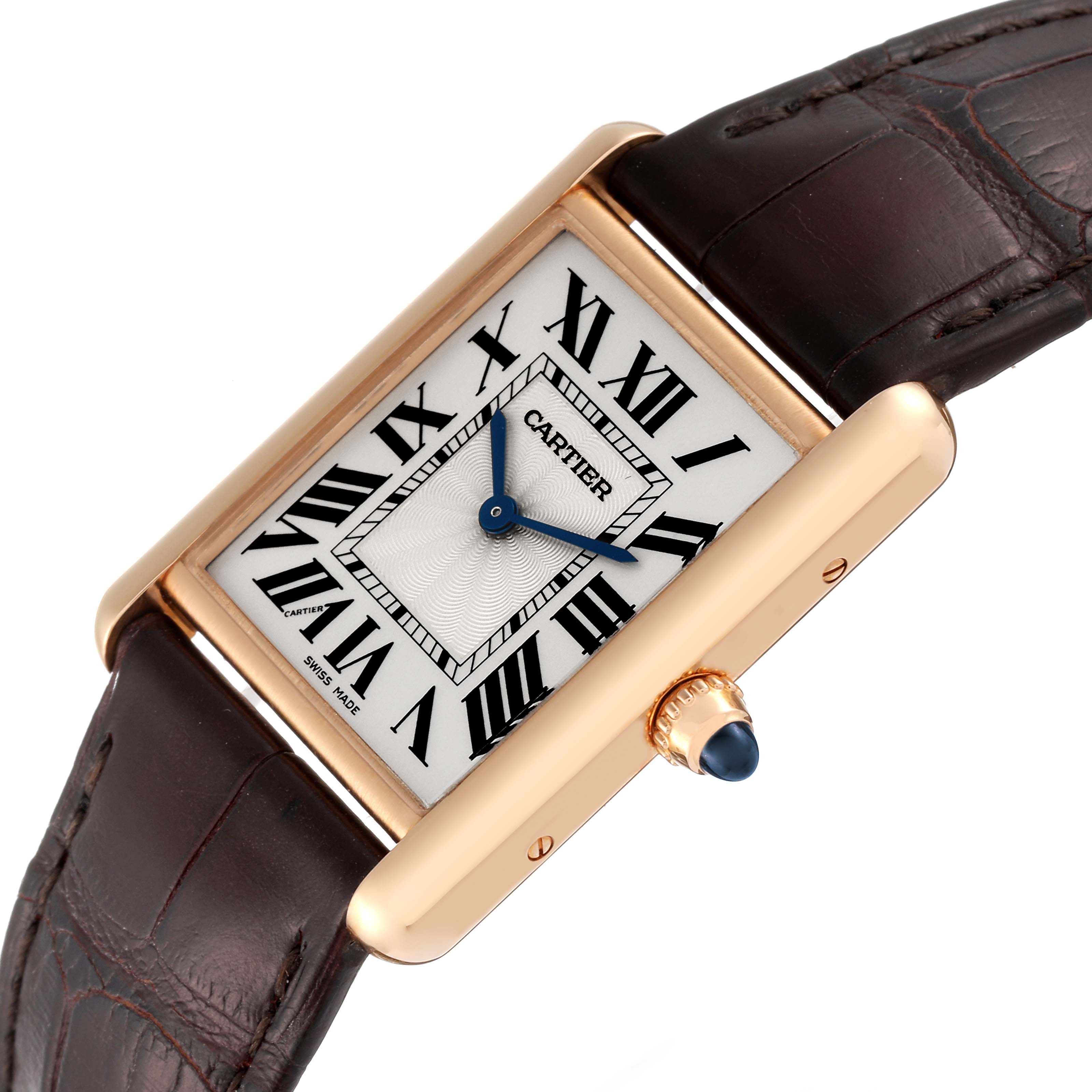 The Cartier Tank Louis WGTA0011 Men's Rose Gold Silver Dial WGTA0011 Men's Rose Gold Silver Dial watch is shown at an angled close-up, displaying its rectangular face, Roman numerals, and brown leather strap.