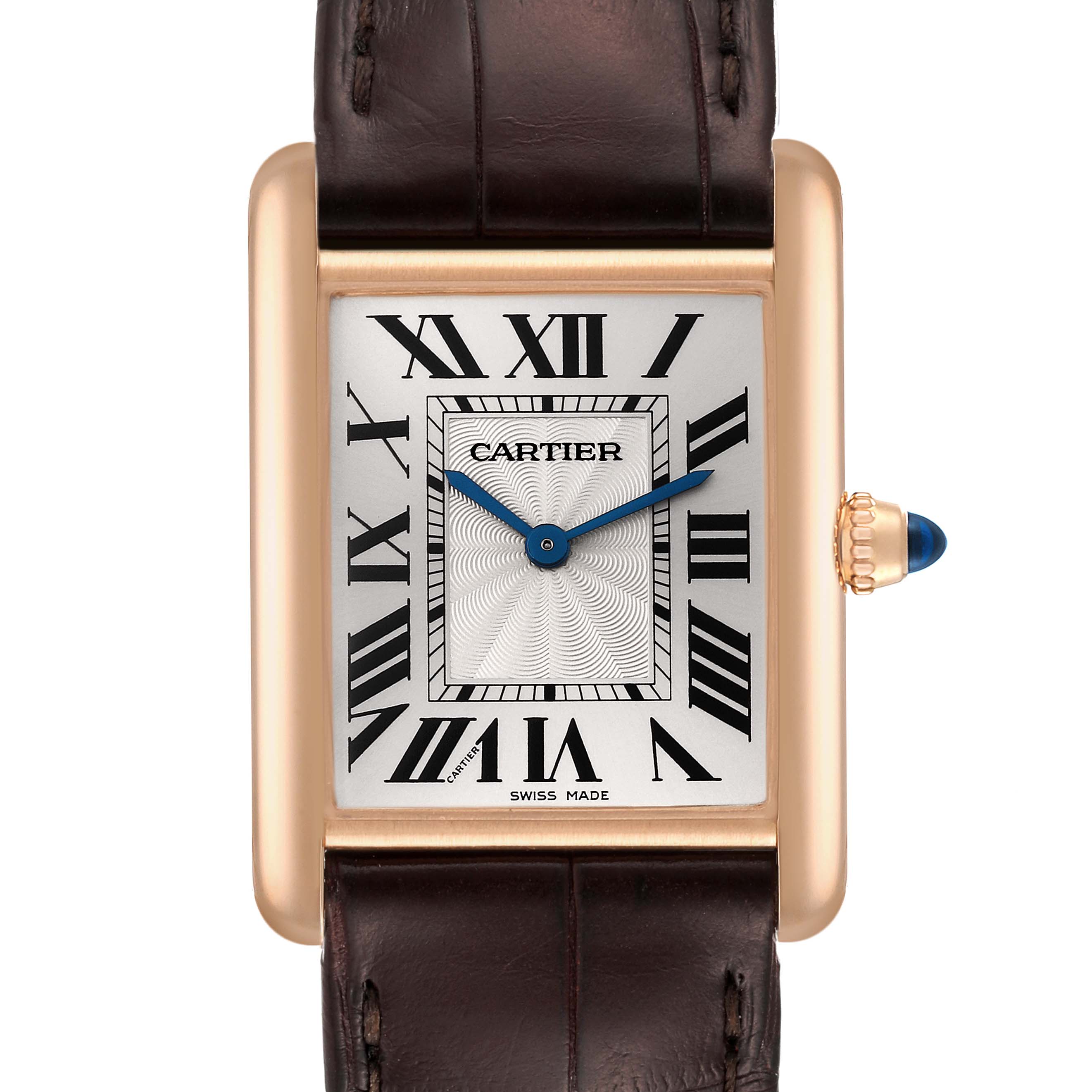 The image shows a front view of the Cartier Tank Louis WGTA0011 Men's Rose Gold Silver Dial WGTA0011 Men's Rose Gold Silver Dial watch, displaying its face, Roman numeral markers, and a portion of the brown leather strap.