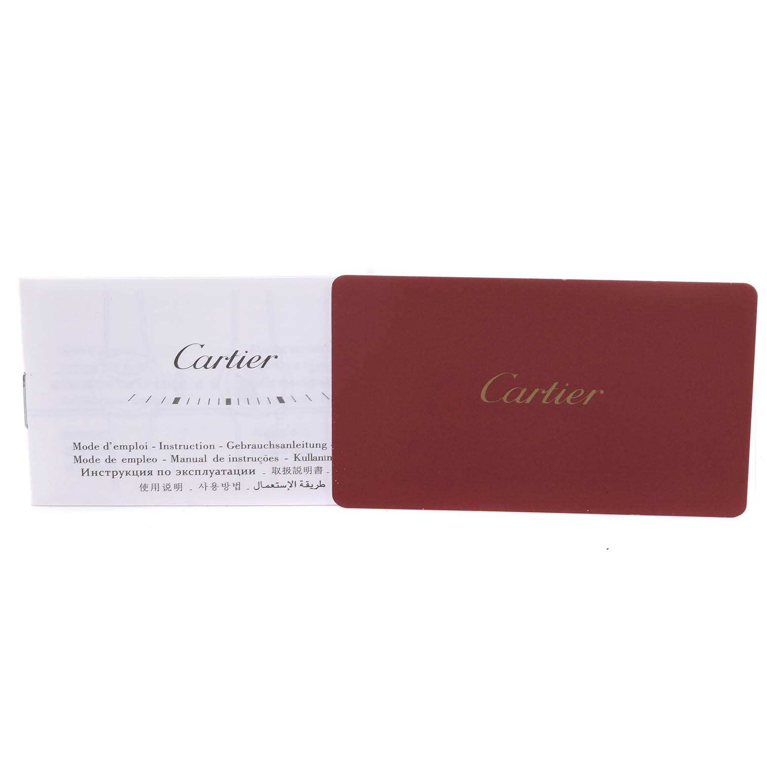The image showcases the user manual and warranty card for a Cartier Tank Louis WGTA0011 Men's Rose Gold Silver Dial WGTA0011 Men's Rose Gold Silver Dial watch.