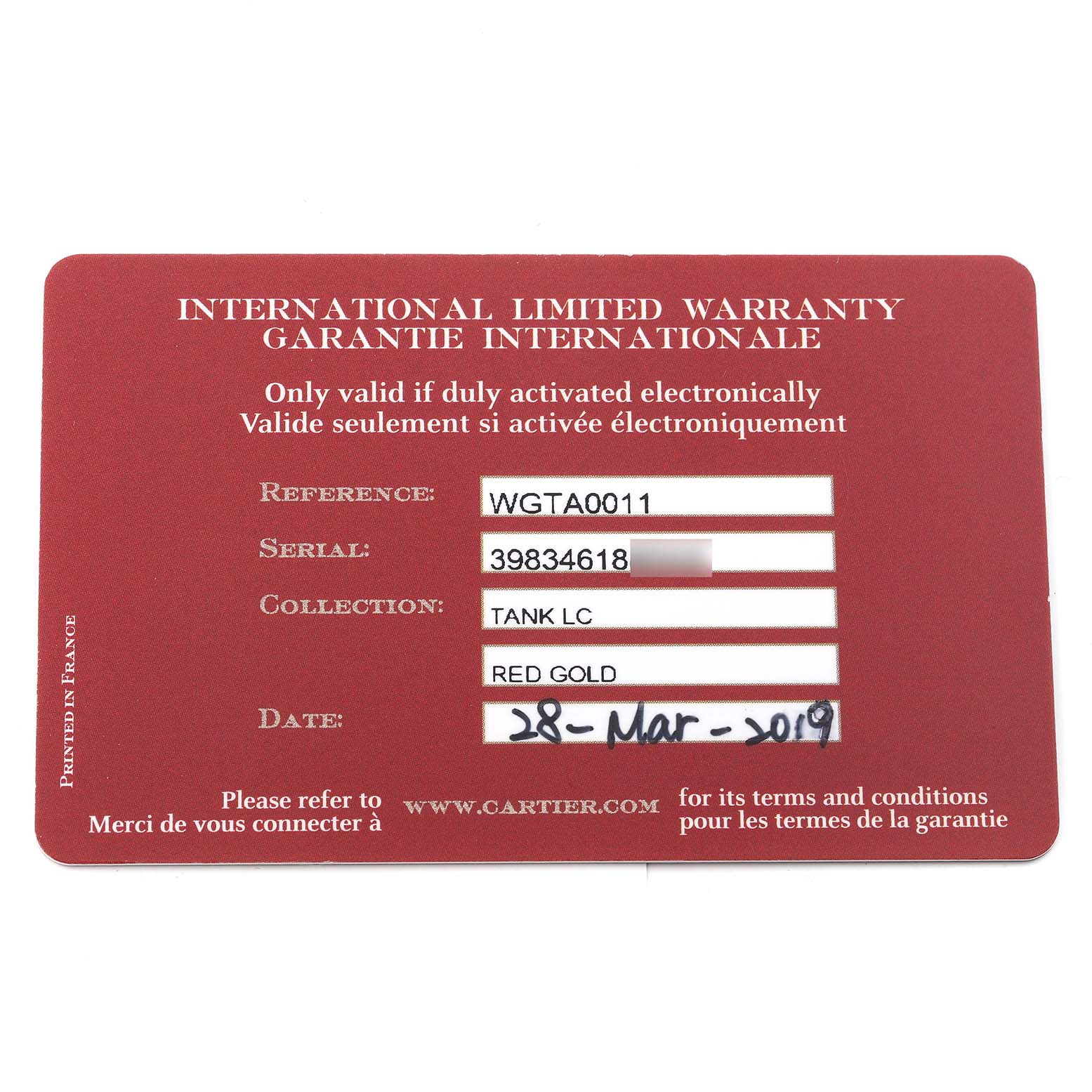 This image shows the warranty card for a Cartier Tank Louis WGTA0011 Men's Rose Gold Silver Dial WGTA0011 Men's Rose Gold Silver Dial watch, detailing the reference number, serial number, collection, material, and date.