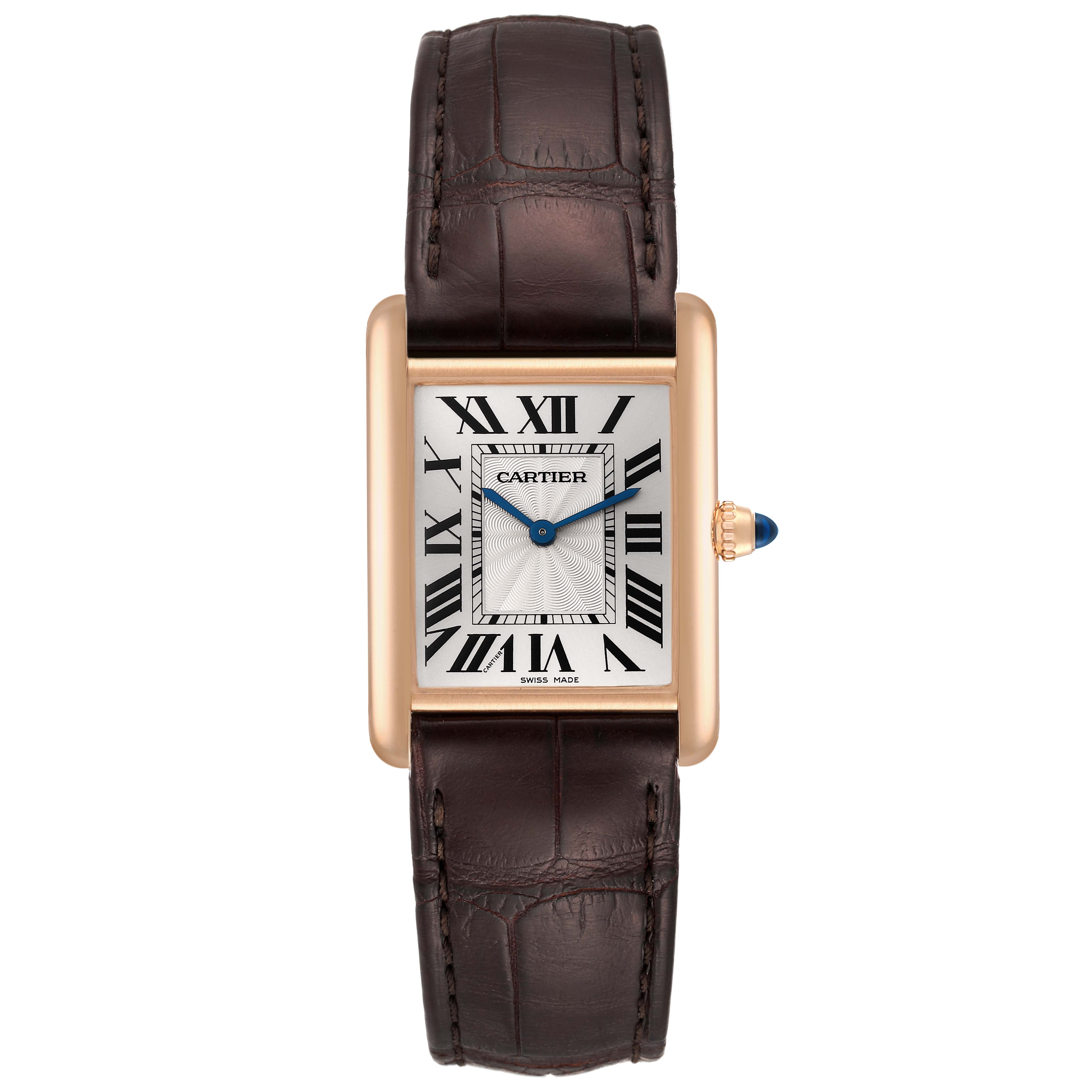 This image shows a straight-on view of the Cartier Tank Louis WGTA0011 Men's Rose Gold Silver Dial WGTA0011 Men's Rose Gold Silver Dial watch, highlighting the rectangular face, roman numerals, and leather strap.