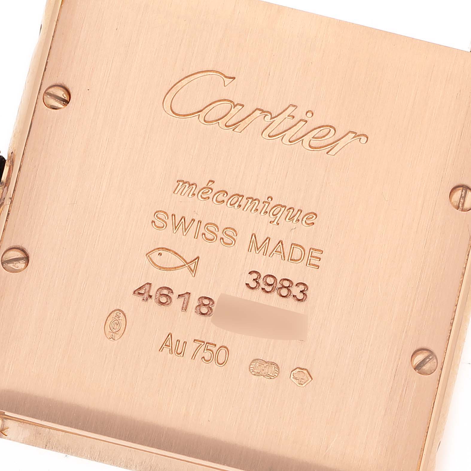 This image shows the back casing of a Cartier Tank Louis WGTA0011 Men's Rose Gold Silver Dial WGTA0011 Men's Rose Gold Silver Dial watch, highlighting serial numbers and hallmarks.