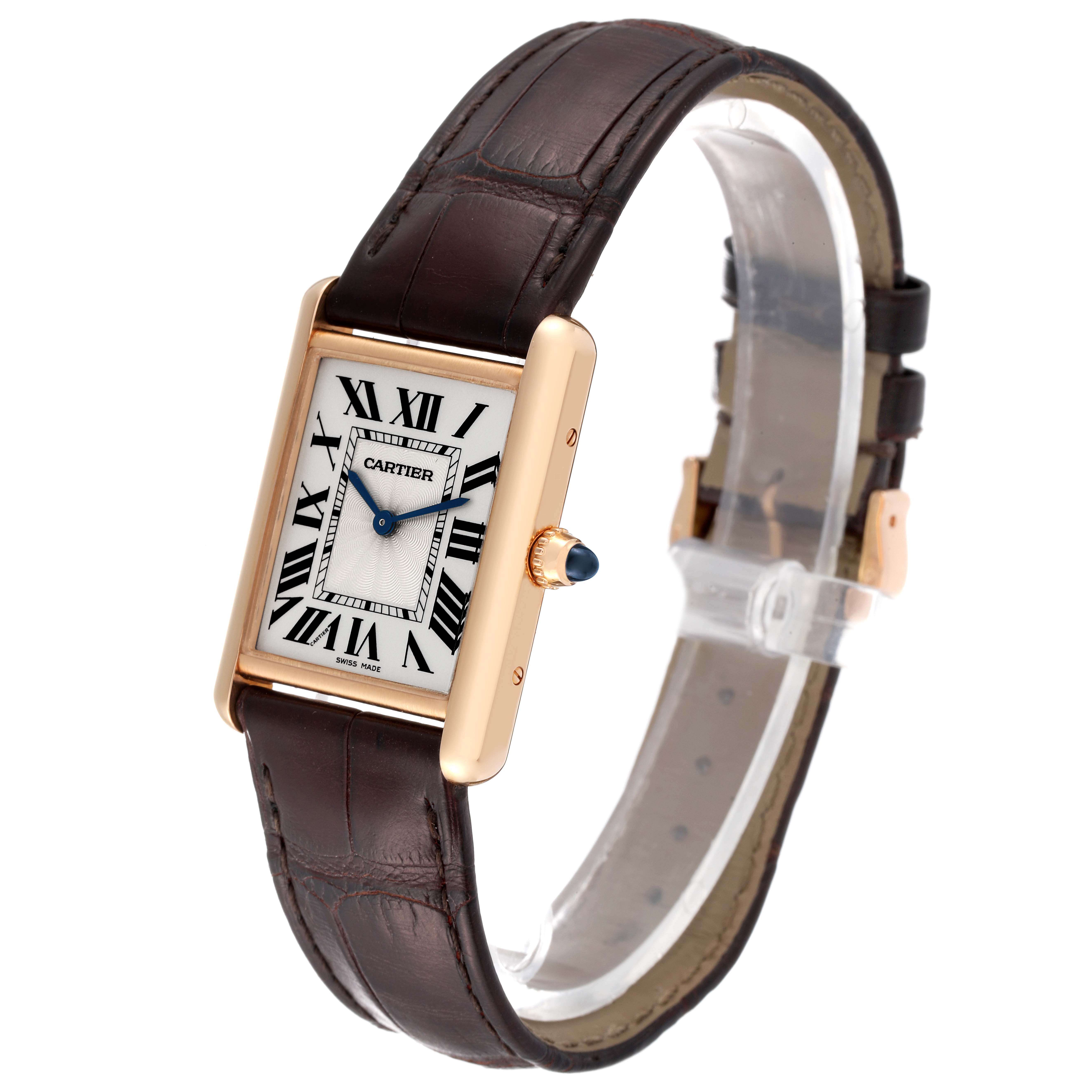 The image shows a Cartier Tank Louis WGTA0011 Men's Rose Gold Silver Dial WGTA0011 Men's Rose Gold Silver Dial model at an angled view, highlighting the dial, case, crown, and brown leather strap.