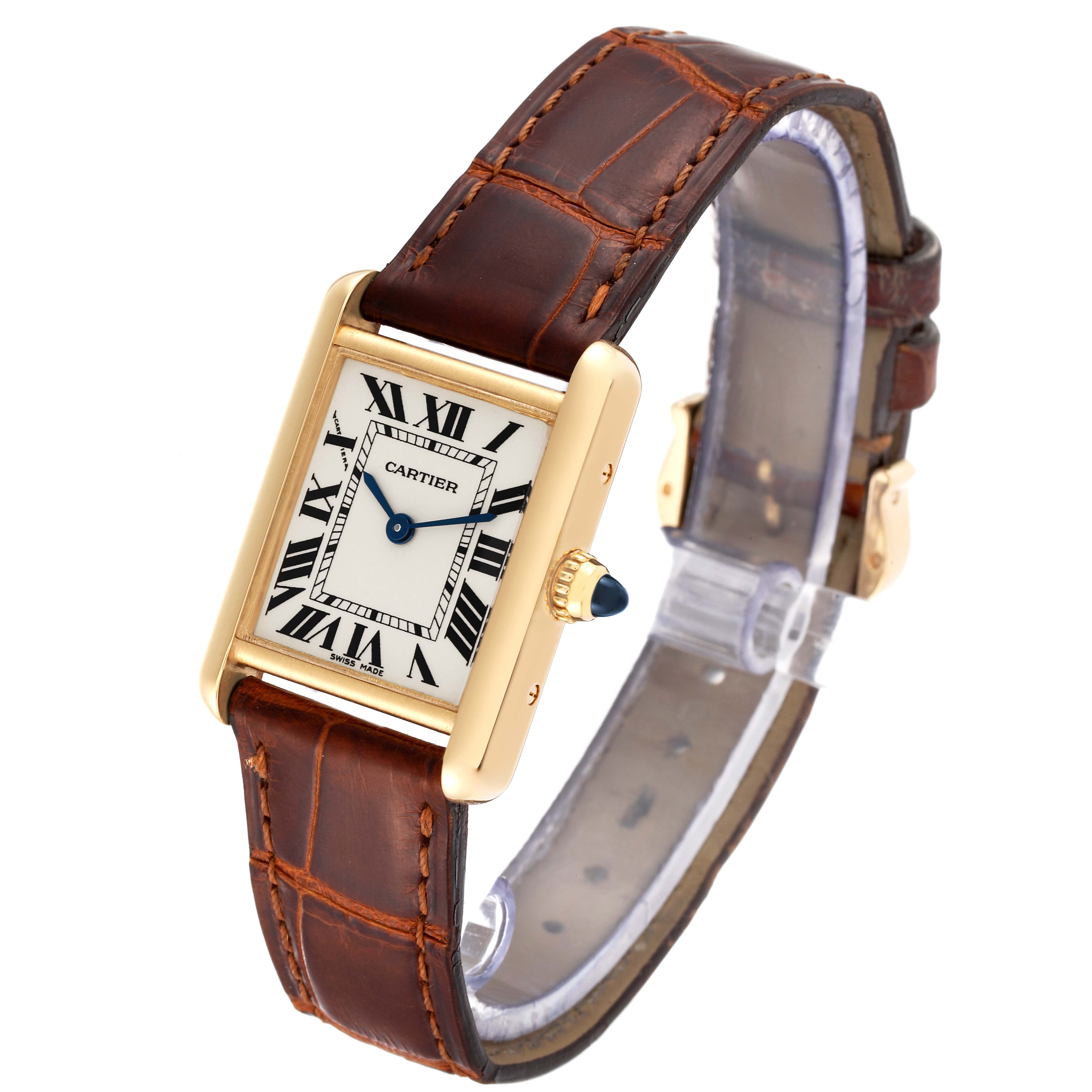 This image shows an angled view of the Cartier Tank Louis W1529856 Women's Yellow Gold Silver Dial W1529856 Women's Yellow Gold Silver Dial watch, highlighting the face, casing, and leather strap.