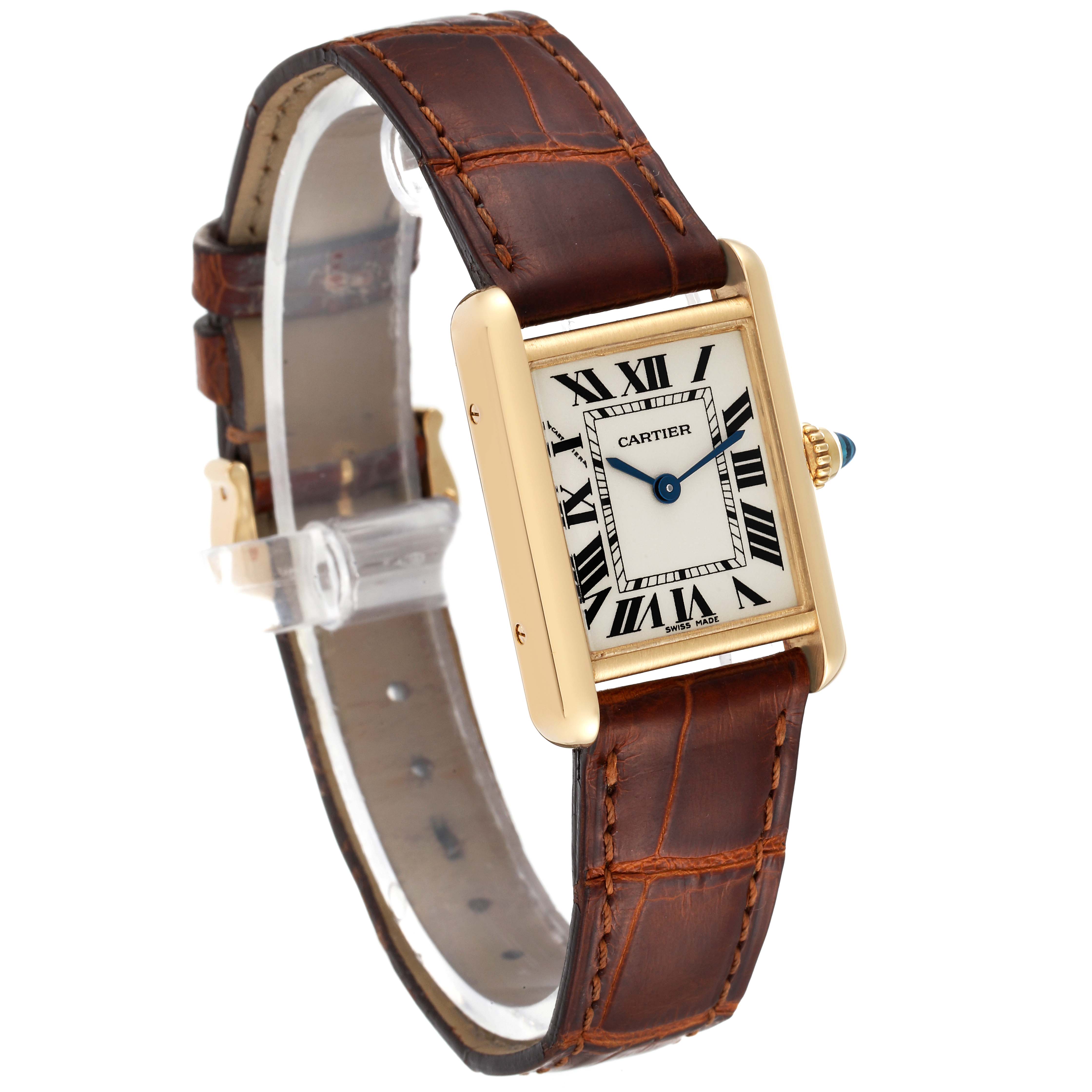 The image shows a Cartier Tank Louis W1529856 Women's Yellow Gold Silver Dial W1529856 Women's Yellow Gold Silver Dial model, angled to display the face, crown, and leather strap.