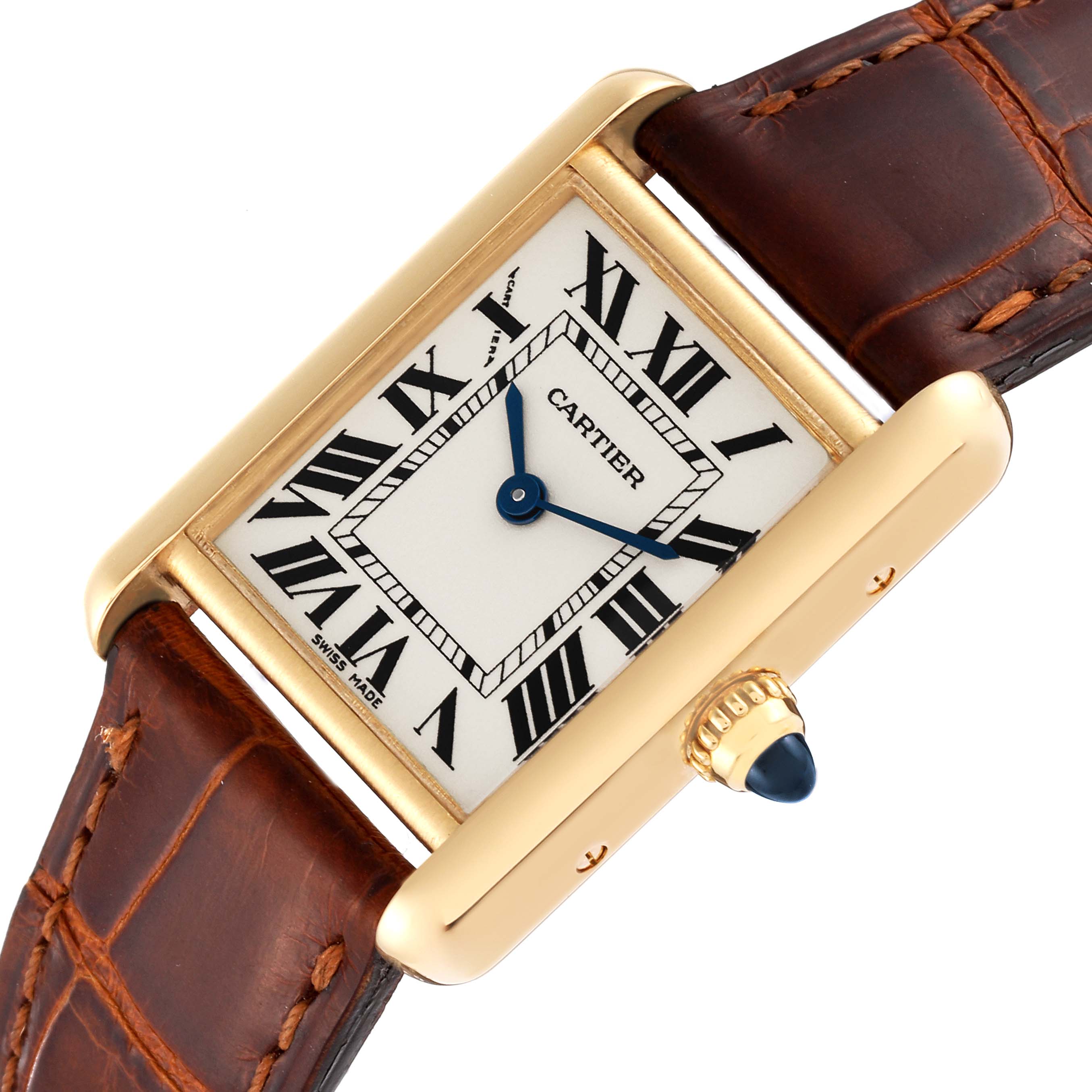 The image shows a close-up, angled view of the face and side of the Cartier Tank Louis W1529856 Women's Yellow Gold Silver Dial W1529856 Women's Yellow Gold Silver Dial watch, highlighting the dial, Roman numerals, and crown.