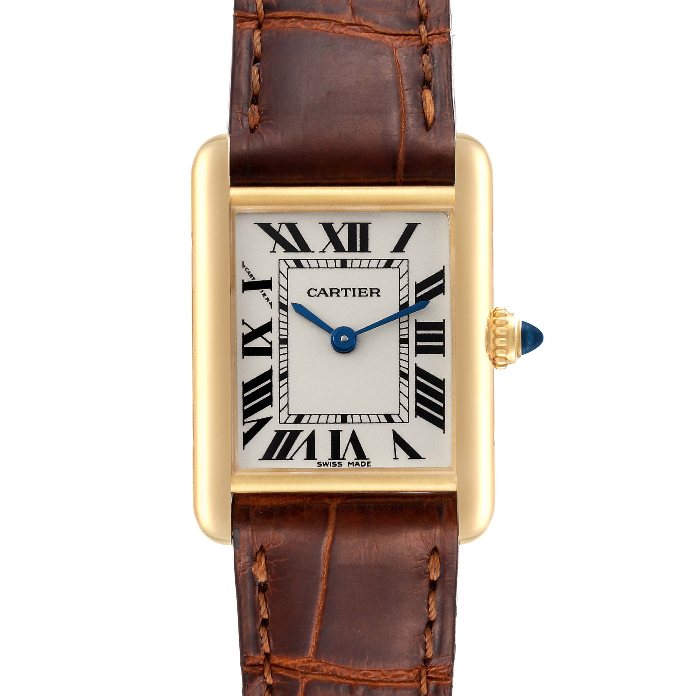 The image shows a top view of a Cartier Tank Louis W1529856 Women's Yellow Gold Silver Dial W1529856 Women's Yellow Gold Silver Dial watch, featuring a rectangular face, brown leather strap, and gold casing.