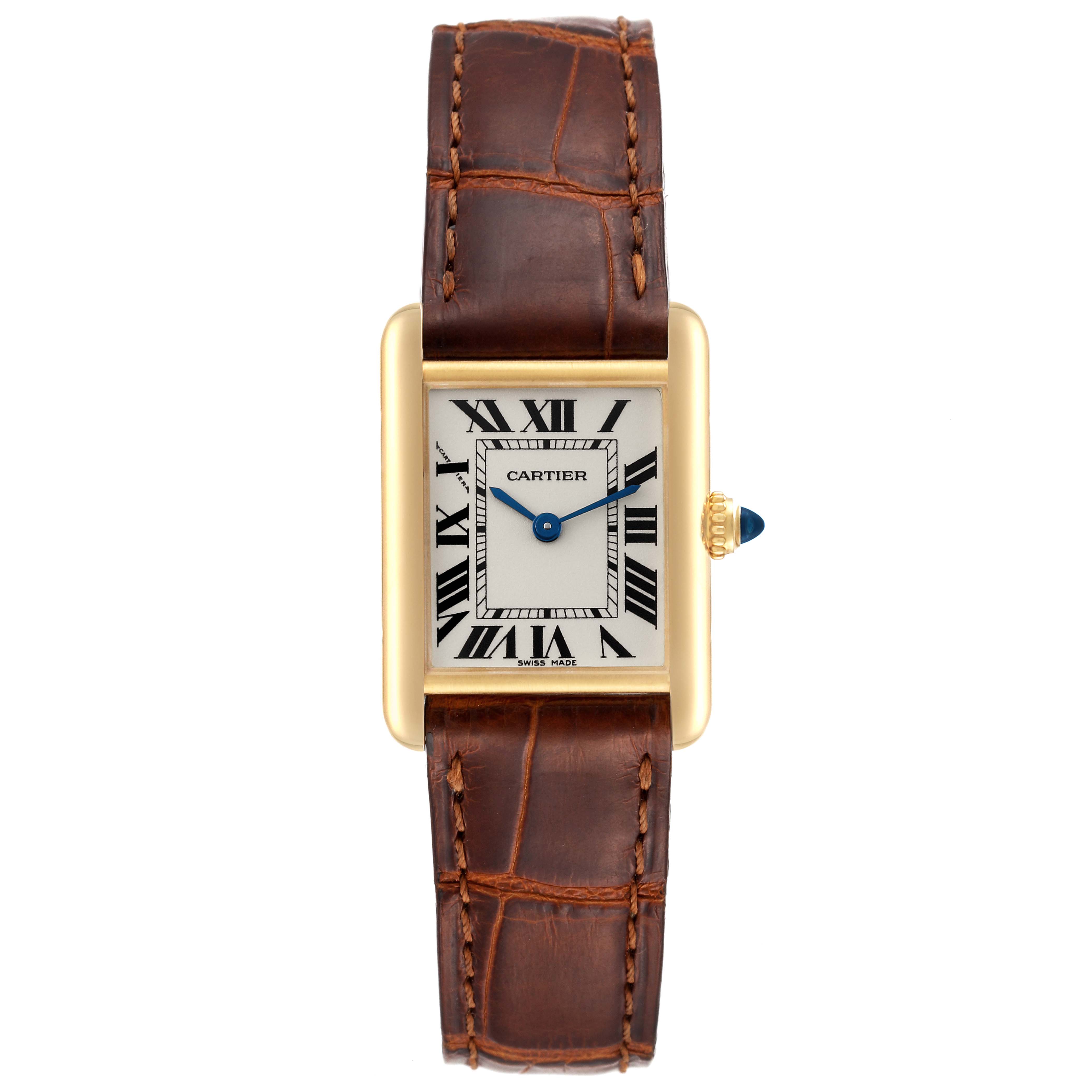 The image shows a Cartier Tank Louis W1529856 Women's Yellow Gold Silver Dial W1529856 Women's Yellow Gold Silver Dial watch from a front angle, displaying its rectangular face, Roman numerals, and brown leather strap.