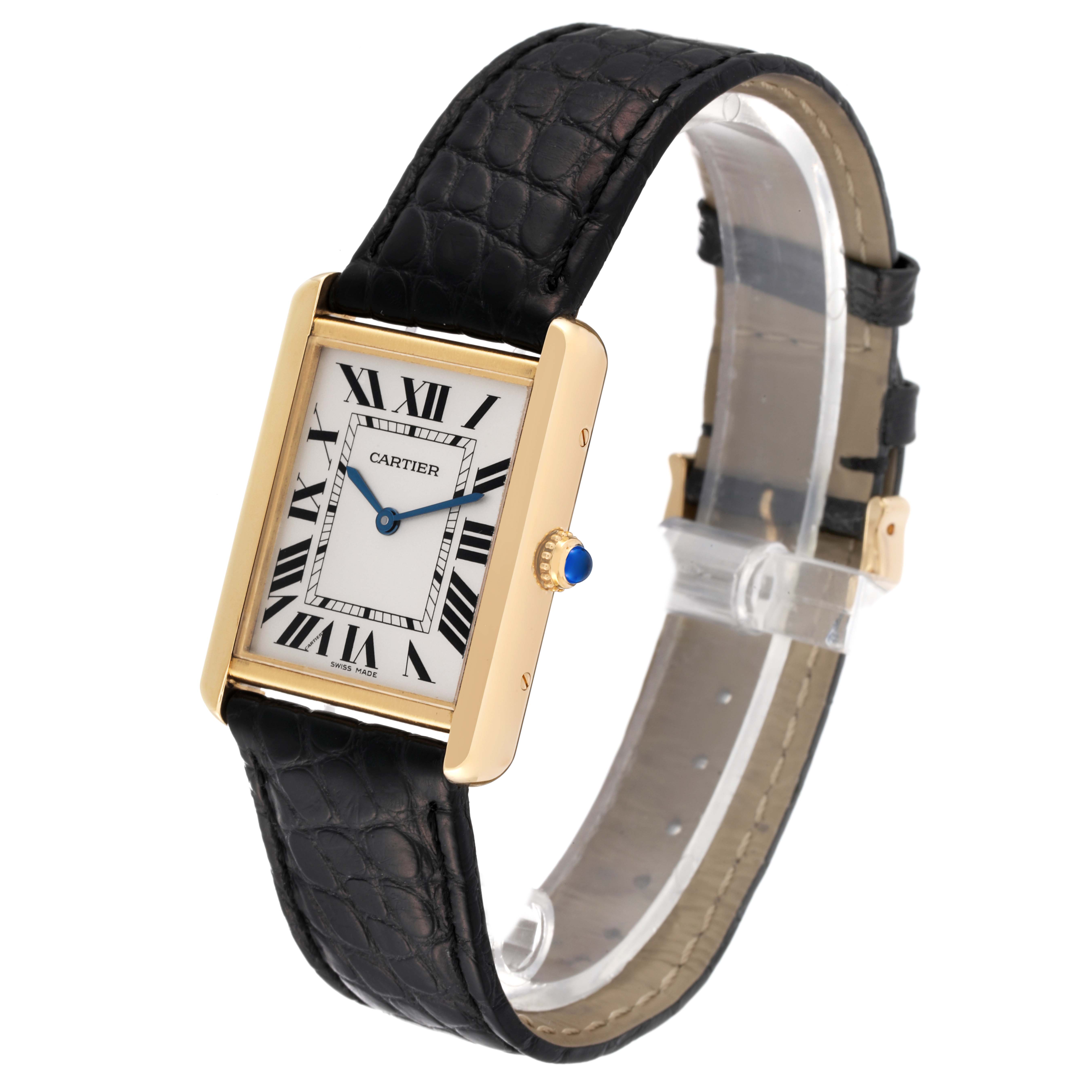 The image shows a Cartier Tank Solo W1018855 Men
s Yellow Gold Silver Dial W1018855 Men
s Yellow Gold Silver Dial watch from a 3/4 angle, highlighting the face, Roman numeral dial, leather strap, and gold case.