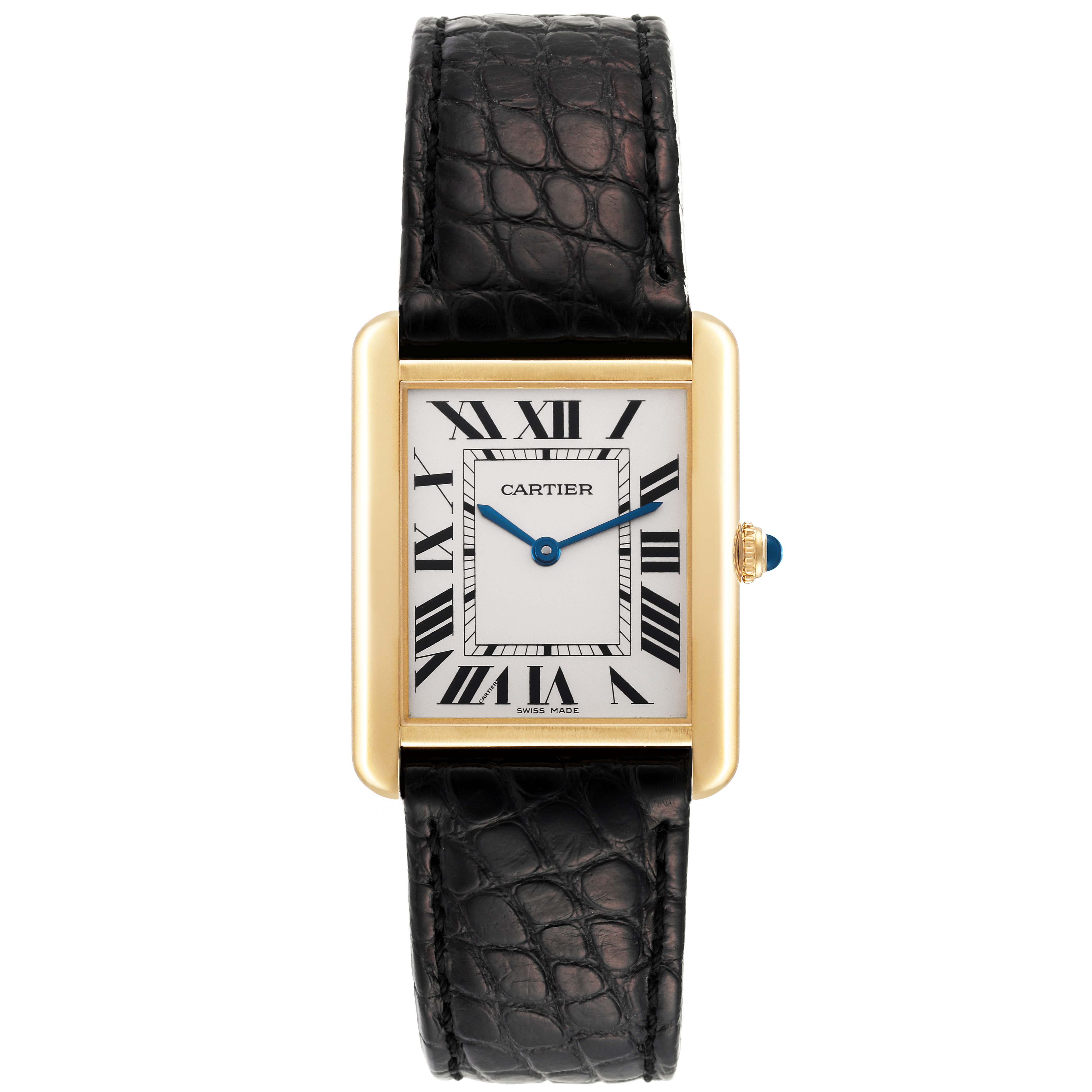 The image shows a Cartier Tank Solo W1018855 Men
s Yellow Gold Silver Dial W1018855 Men
s Yellow Gold Silver Dial watch from a front view, highlighting its face, gold case, and black leather strap.