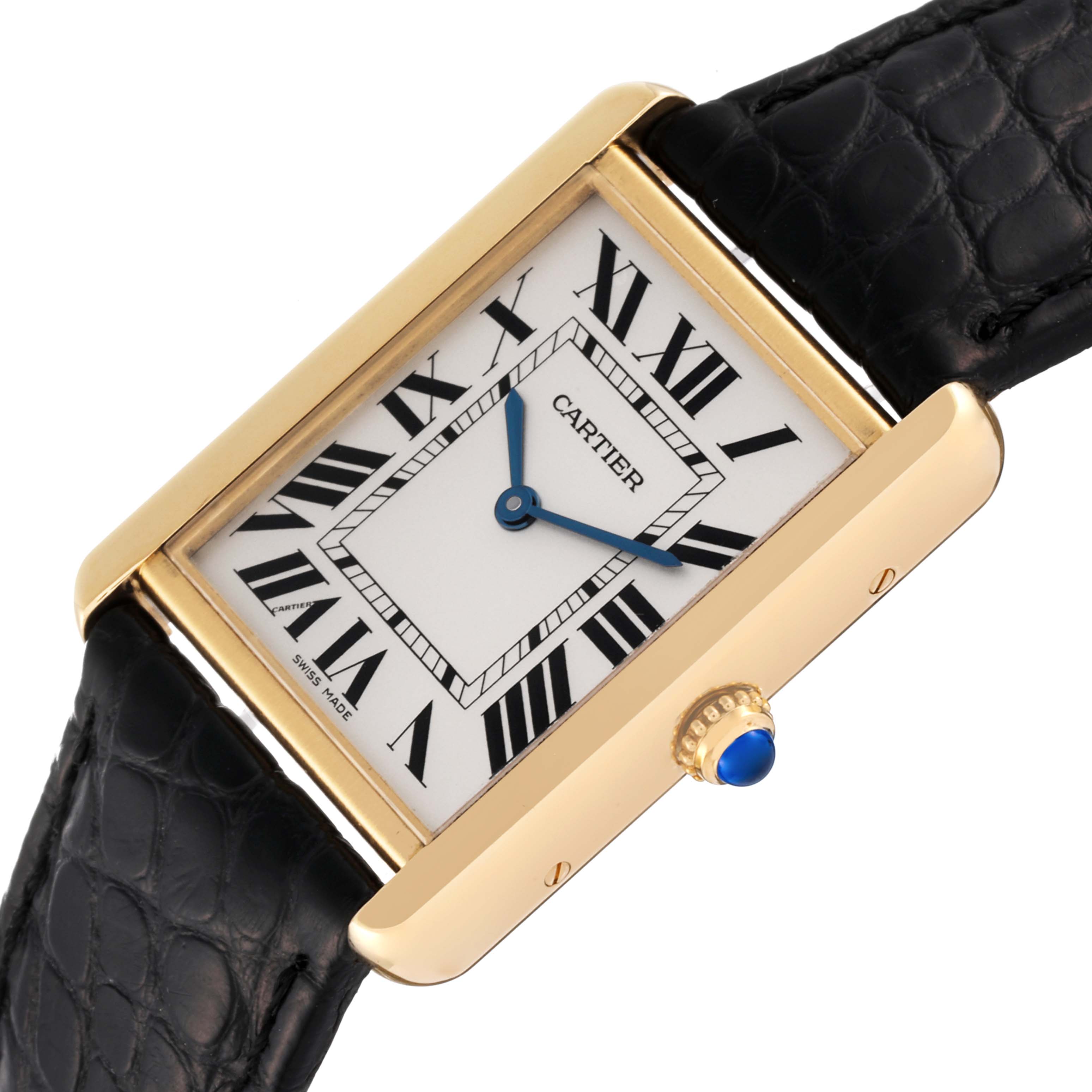 The Cartier Tank Solo W1018855 Men
s Yellow Gold Silver Dial W1018855 Men
s Yellow Gold Silver Dial watch is shown at an angled top view, highlighting its rectangular face, Roman numerals, and black leather strap.