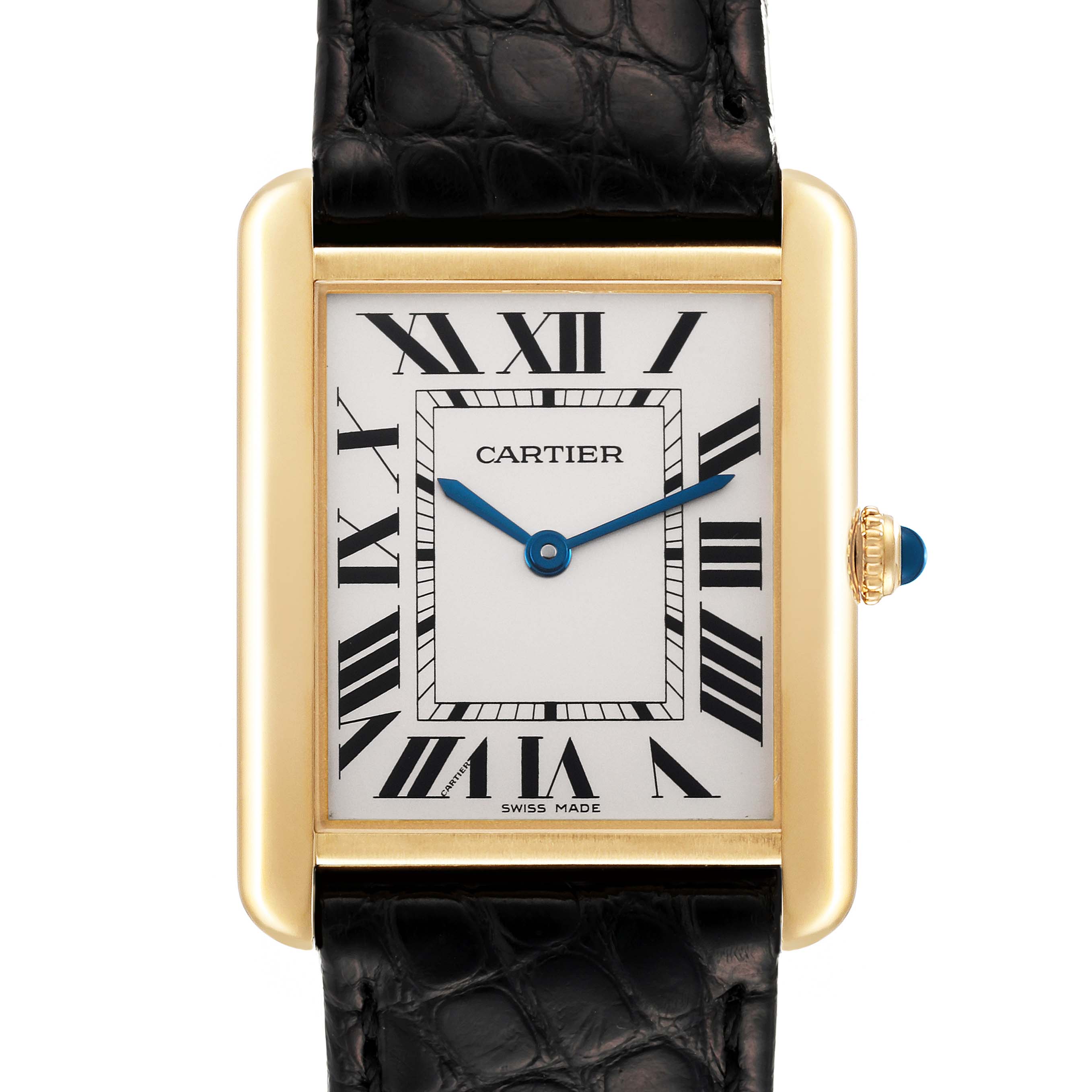 The image shows a front view of the Cartier Tank Solo W1018855 Men
s Yellow Gold Silver Dial W1018855 Men
s Yellow Gold Silver Dial watch, highlighting its rectangular face and Roman numeral dial.