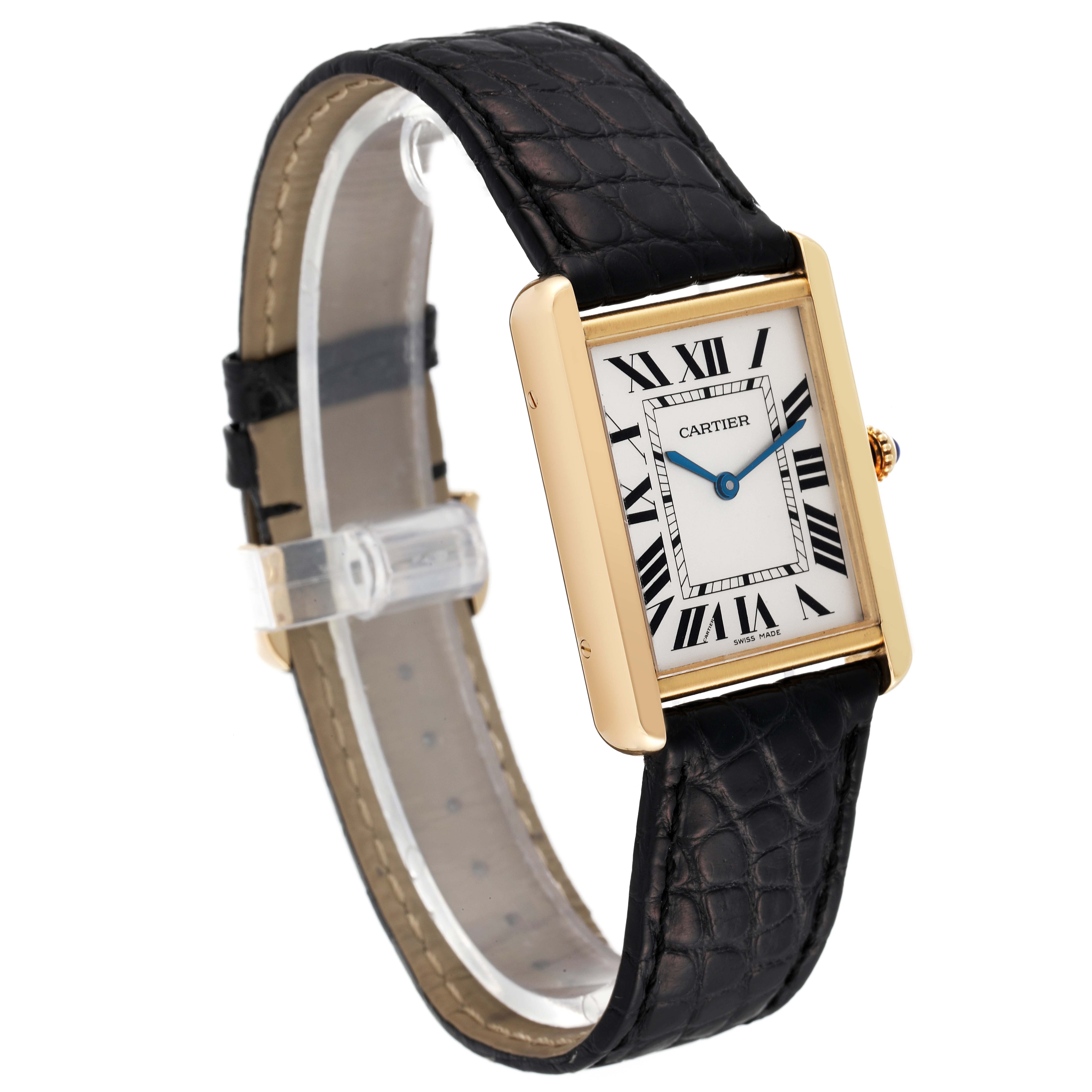 This image shows a Cartier Tank Solo W1018855 Men
s Yellow Gold Silver Dial W1018855 Men
s Yellow Gold Silver Dial watch from a front left angle, displaying the face, strap, and clasp.