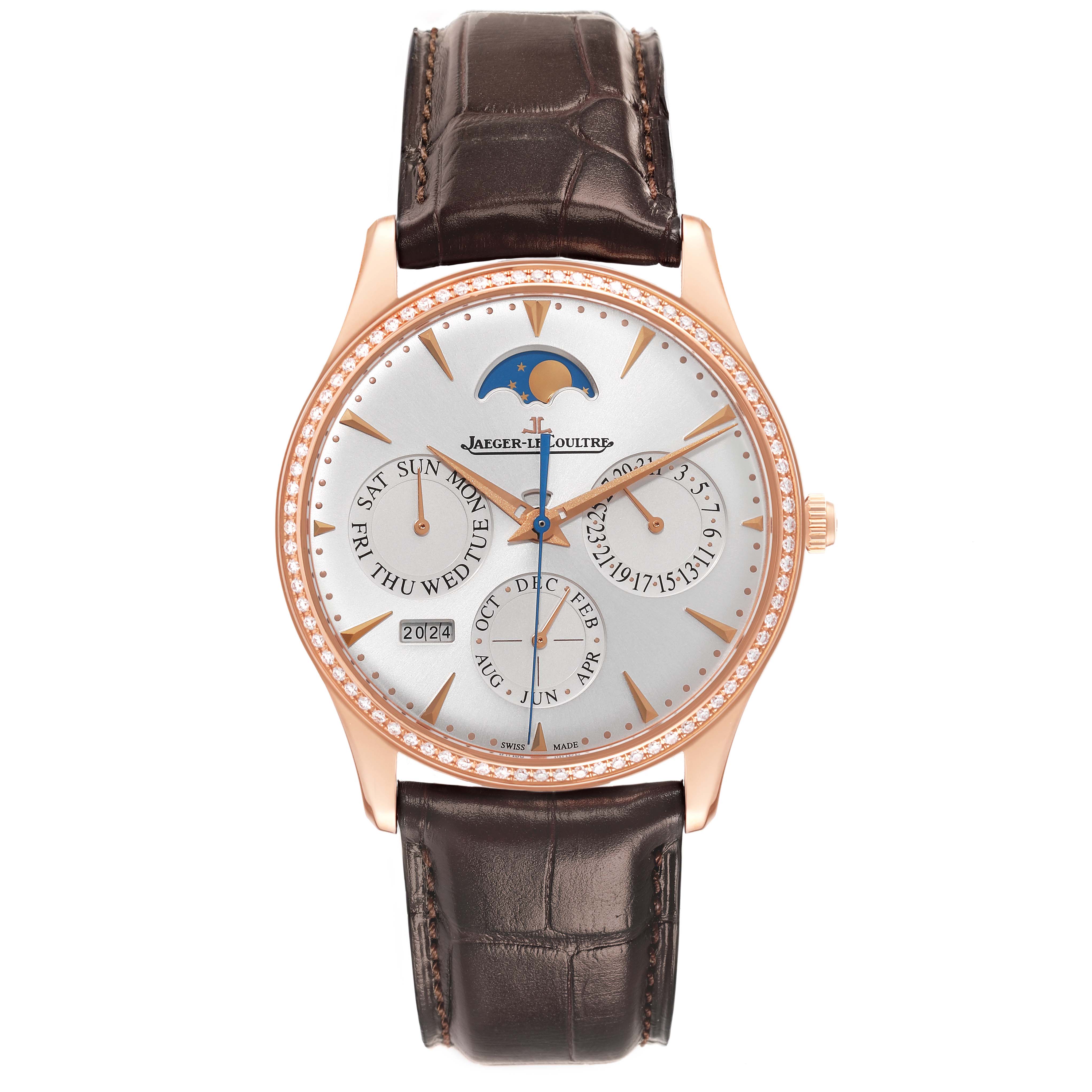 The Jaeger-LeCoultre Master model watch is shown from a front angle, displaying the full dial, moon phase, and leather strap.