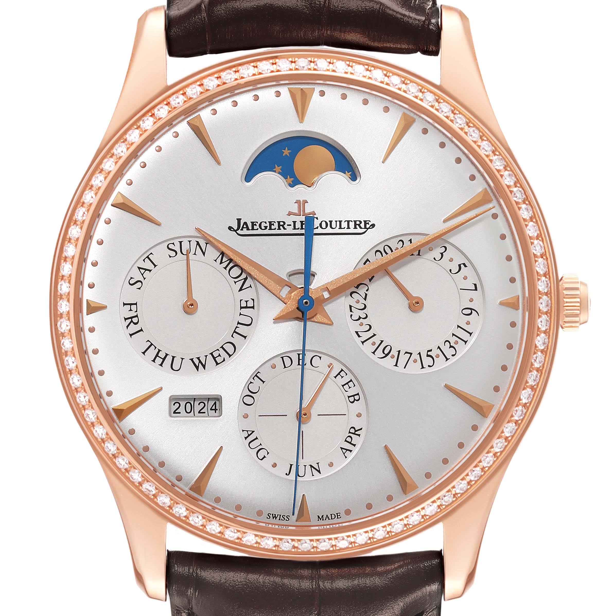 The image shows a frontal view of the Jaeger LeCoultre Master Q1302501 Men
s Rose Gold Silver Dial Q1302501 Men
s Rose Gold Silver Dial model watch, displaying the dial, hands, subdials, and moon phase complication.