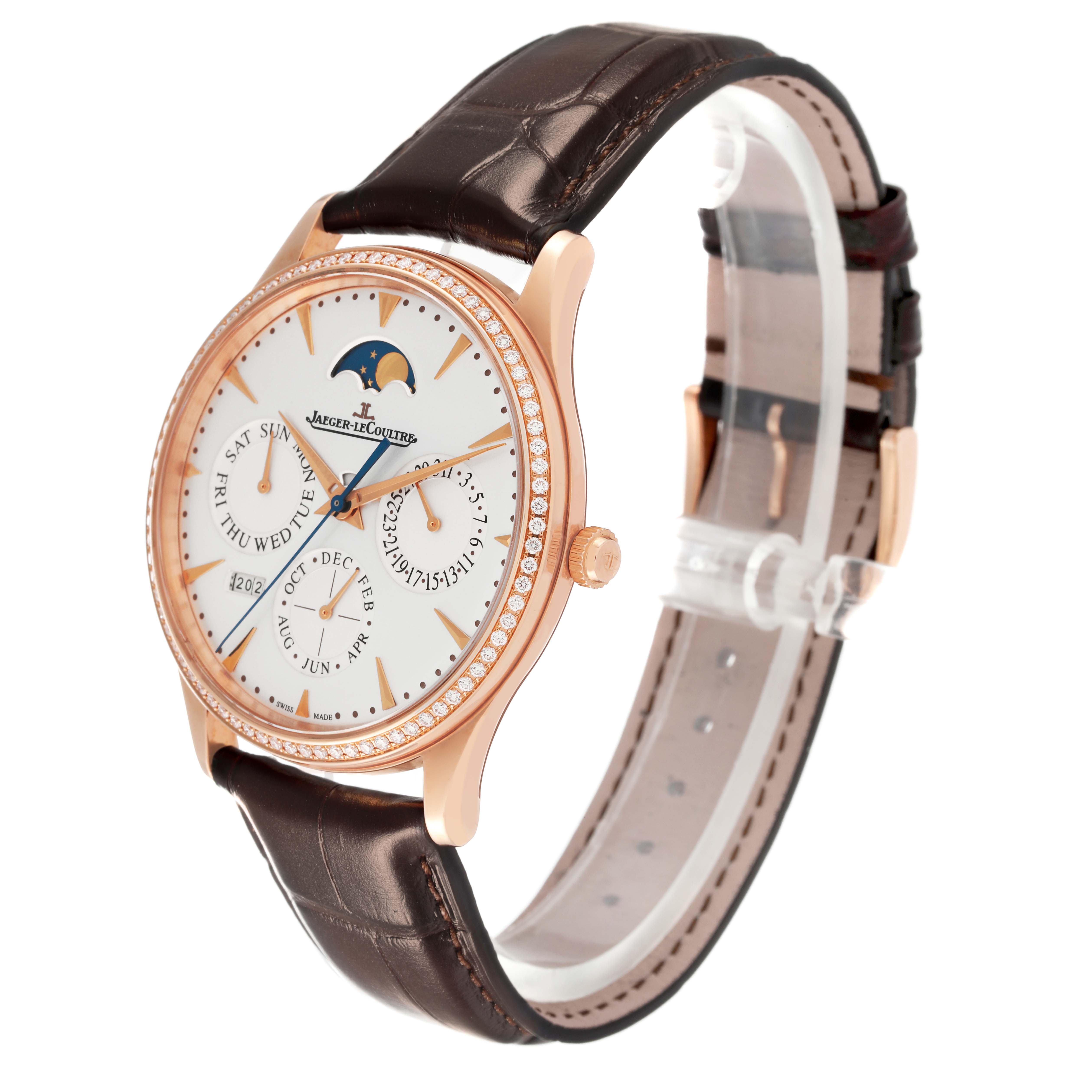 The image shows a side angle of the Jaeger-LeCoultre Master model watch with a brown leather strap and visible moon phase display.