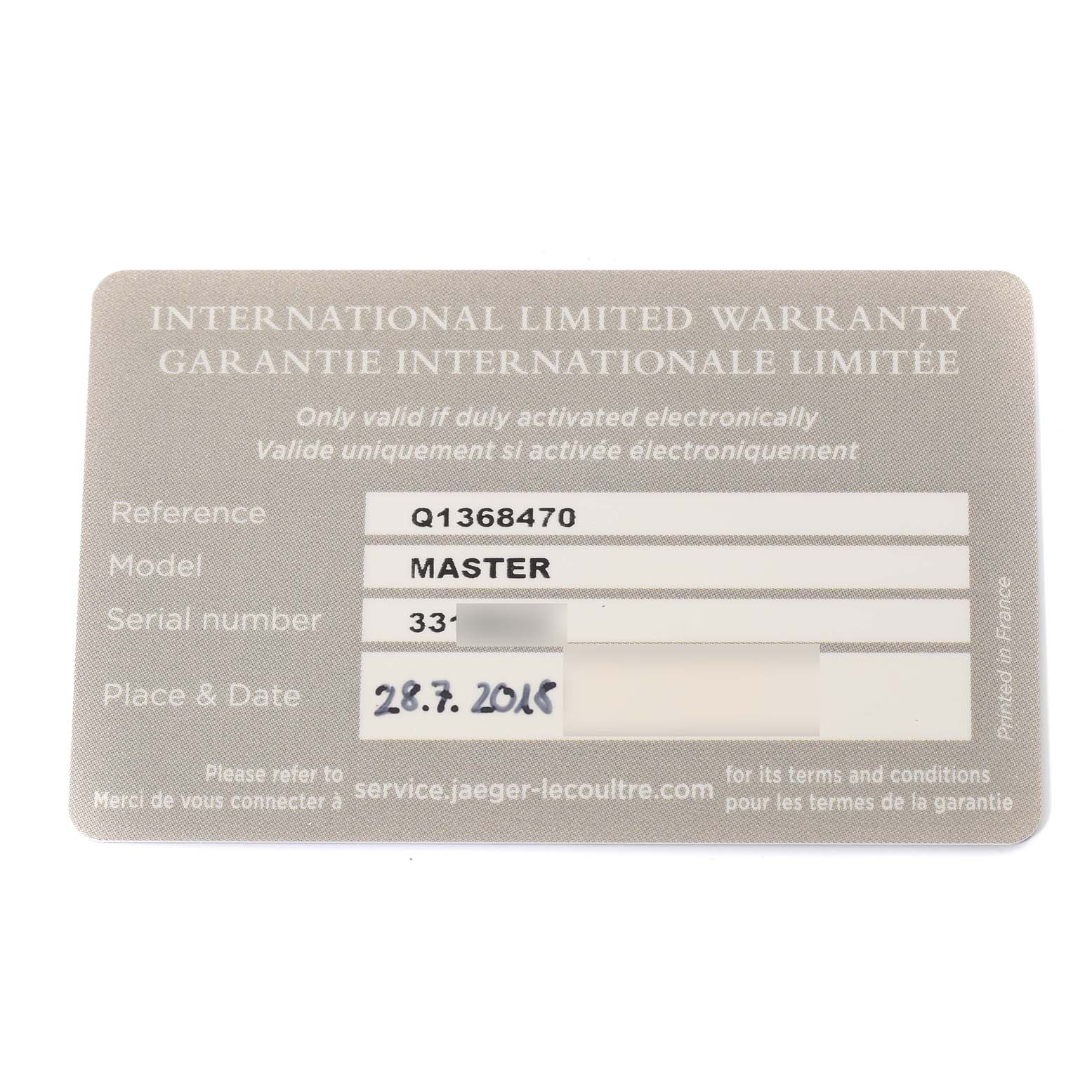 The image shows the international limited warranty card of the Jaeger-LeCoultre Master model watch.