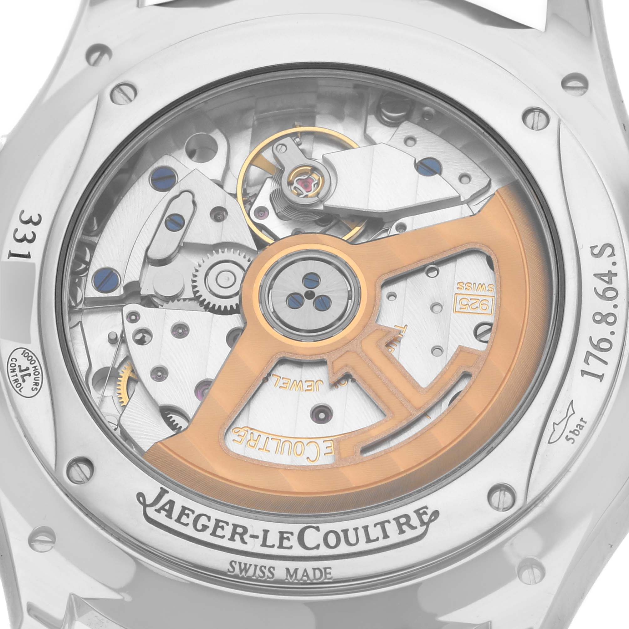 The image shows the back view of a Jaeger-LeCoultre Master model watch, displaying the intricate mechanical movement.
