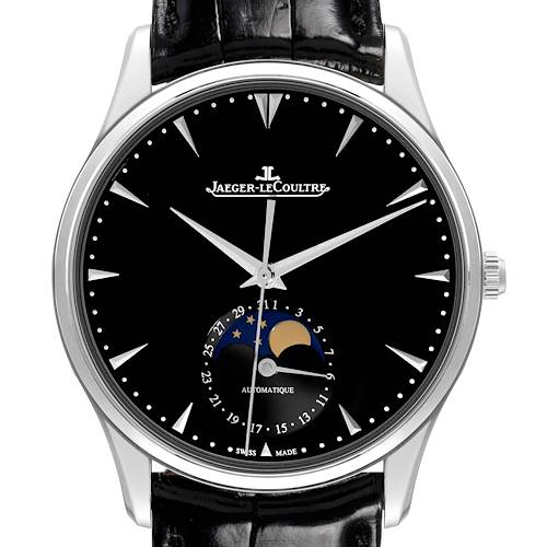 The Jaeger-LeCoultre Master model watch is shown from the front, featuring its black dial, moon phase complication, and black leather strap.