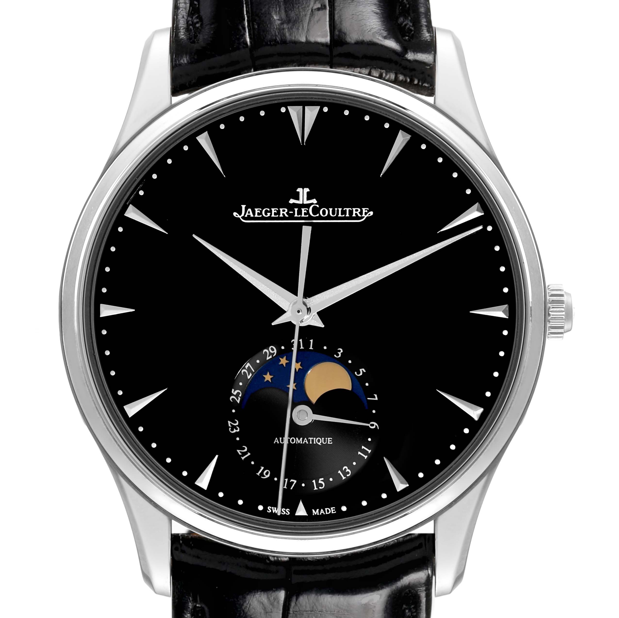 This image shows a front view of the Jaeger-LeCoultre Master watch with a black dial and moon phase indicator.