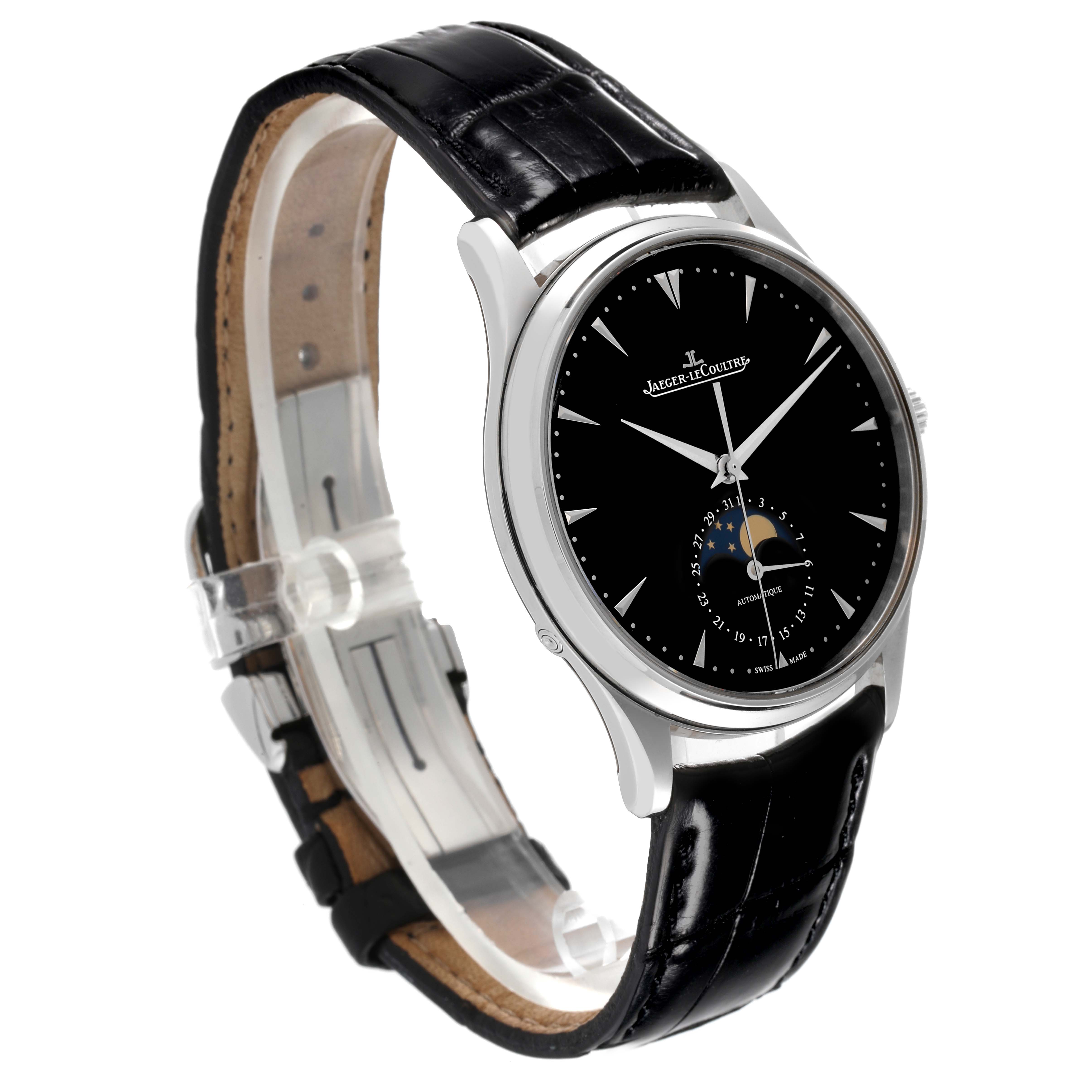 The Jaeger LeCoultre Master Q1368470 Men's Stainless Steel Black Dial Q1368470 Men's Stainless Steel Black Dial model watch is shown at a slight angle, highlighting its black dial, moon phase complication, and leather strap.