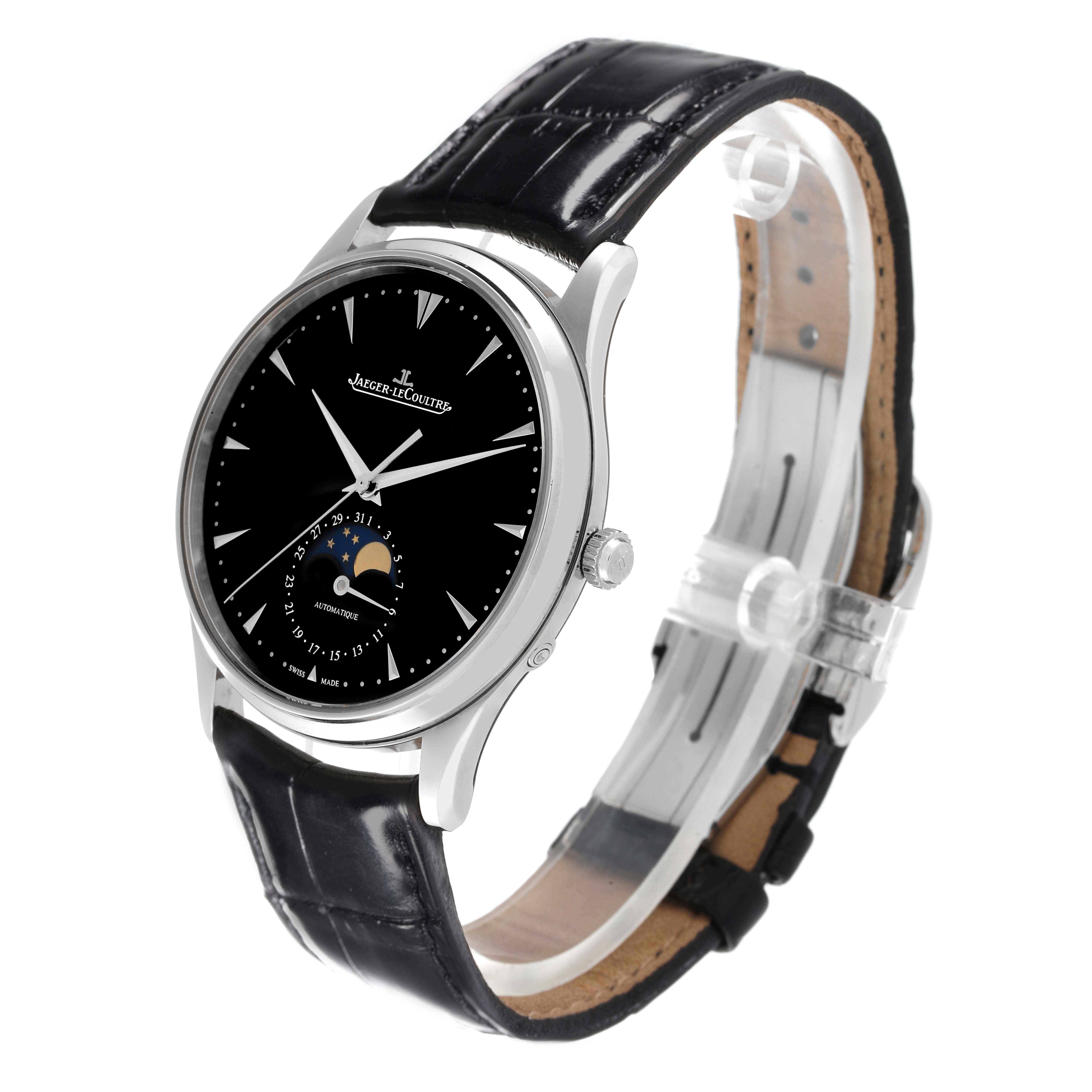 This Jaeger LeCoultre Master Q1368470 Men's Stainless Steel Black Dial Q1368470 Men's Stainless Steel Black Dial model watch is shown at a three-quarter angle, highlighting its black dial, moon phase complication, and black leather strap.
