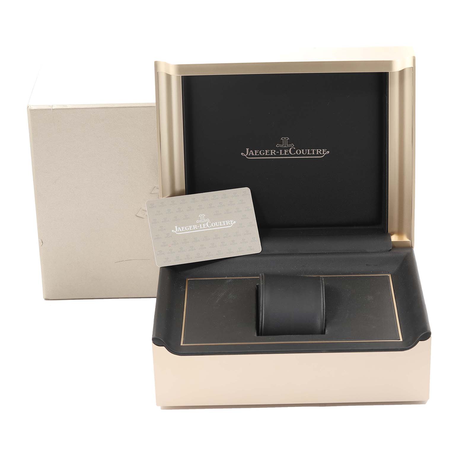 The image shows an open Jaeger LeCoultre Master Q1368470 Men's Stainless Steel Black Dial Q1368470 Men's Stainless Steel Black Dial model watch box with the brand logo inside and an accompanying card.