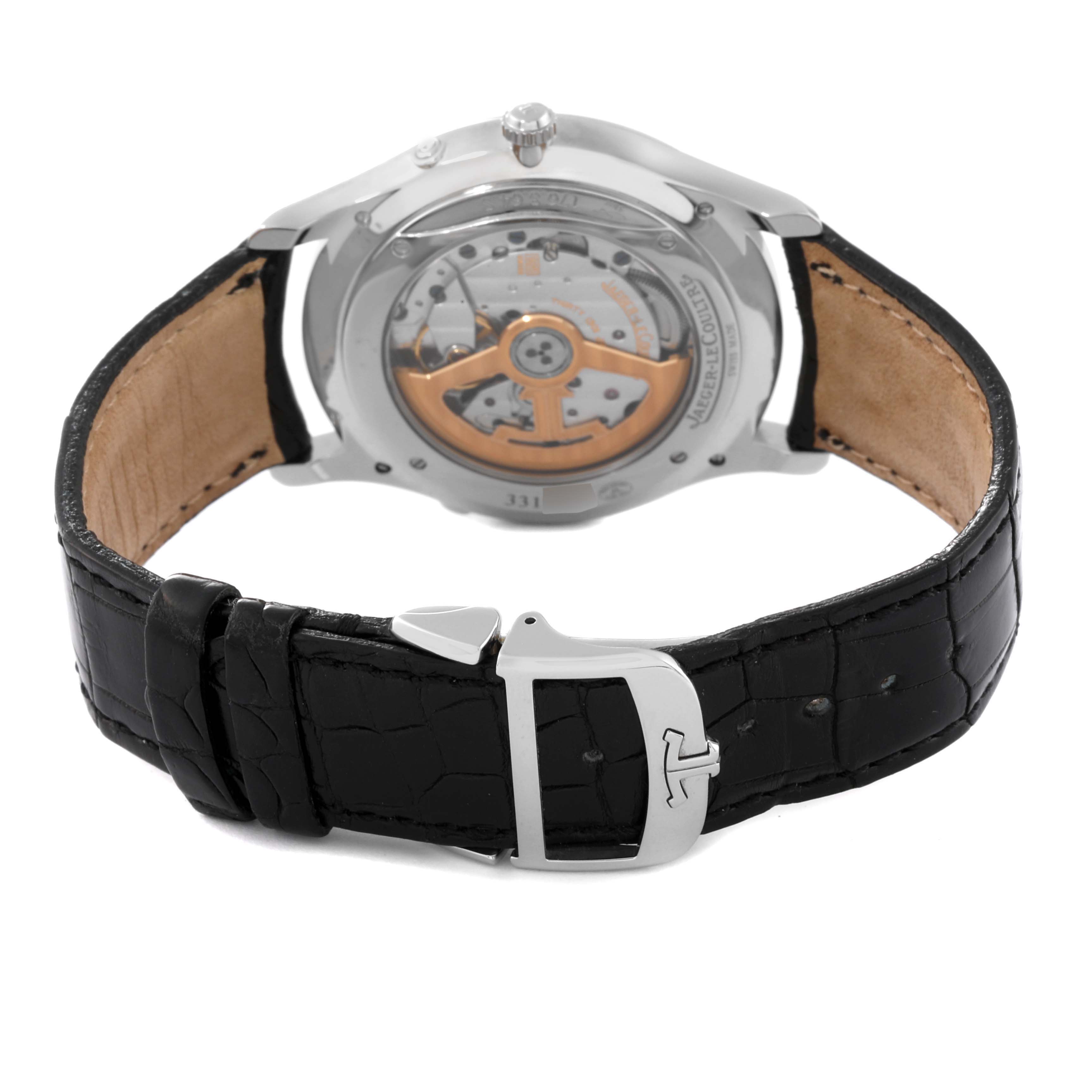 The image shows the back view of a Jaeger-LeCoultre Master model watch, highlighting the case back and movement mechanism.