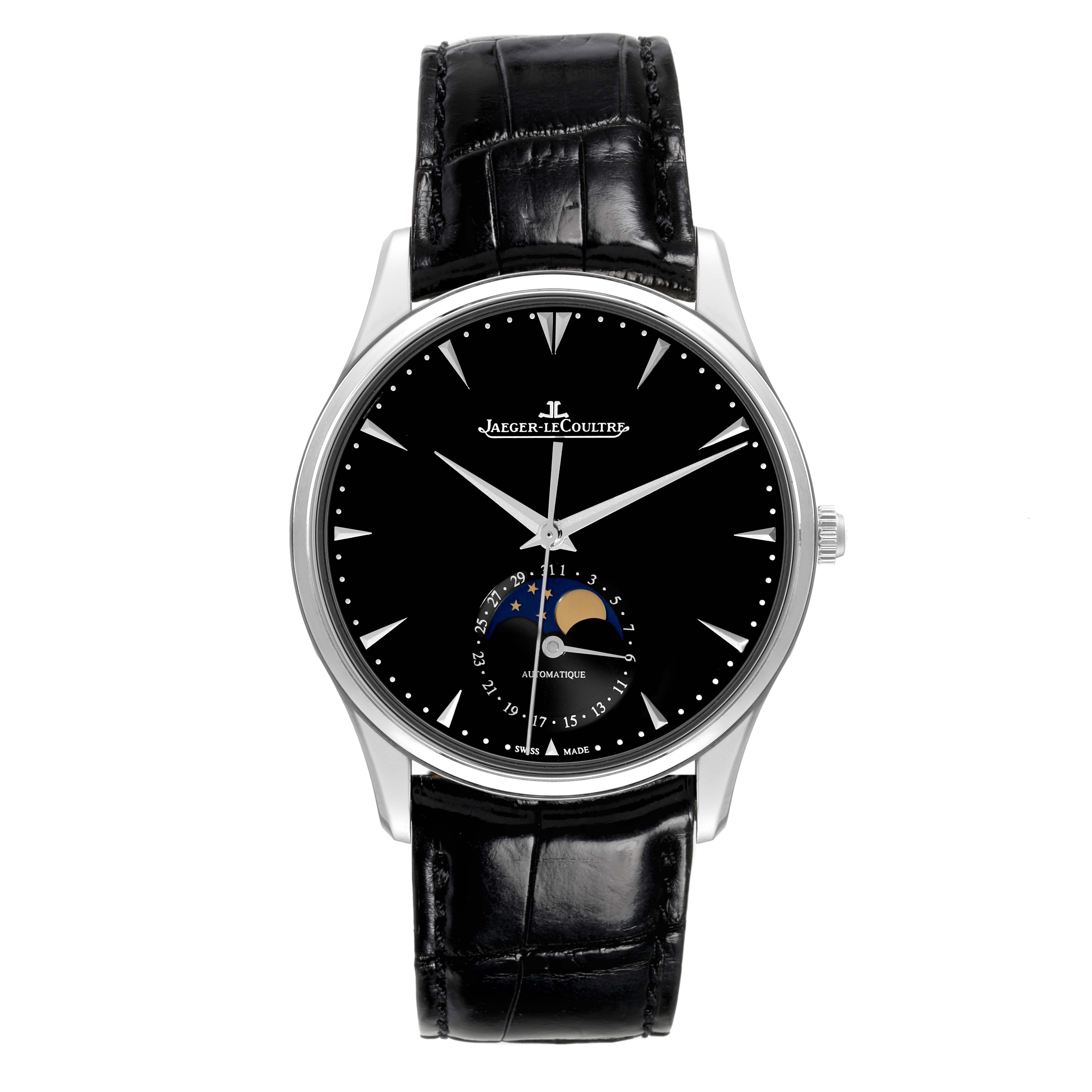 This image shows a front view of the Jaeger-LeCoultre Master watch, featuring a black dial, moon phase complication, and a black leather strap.