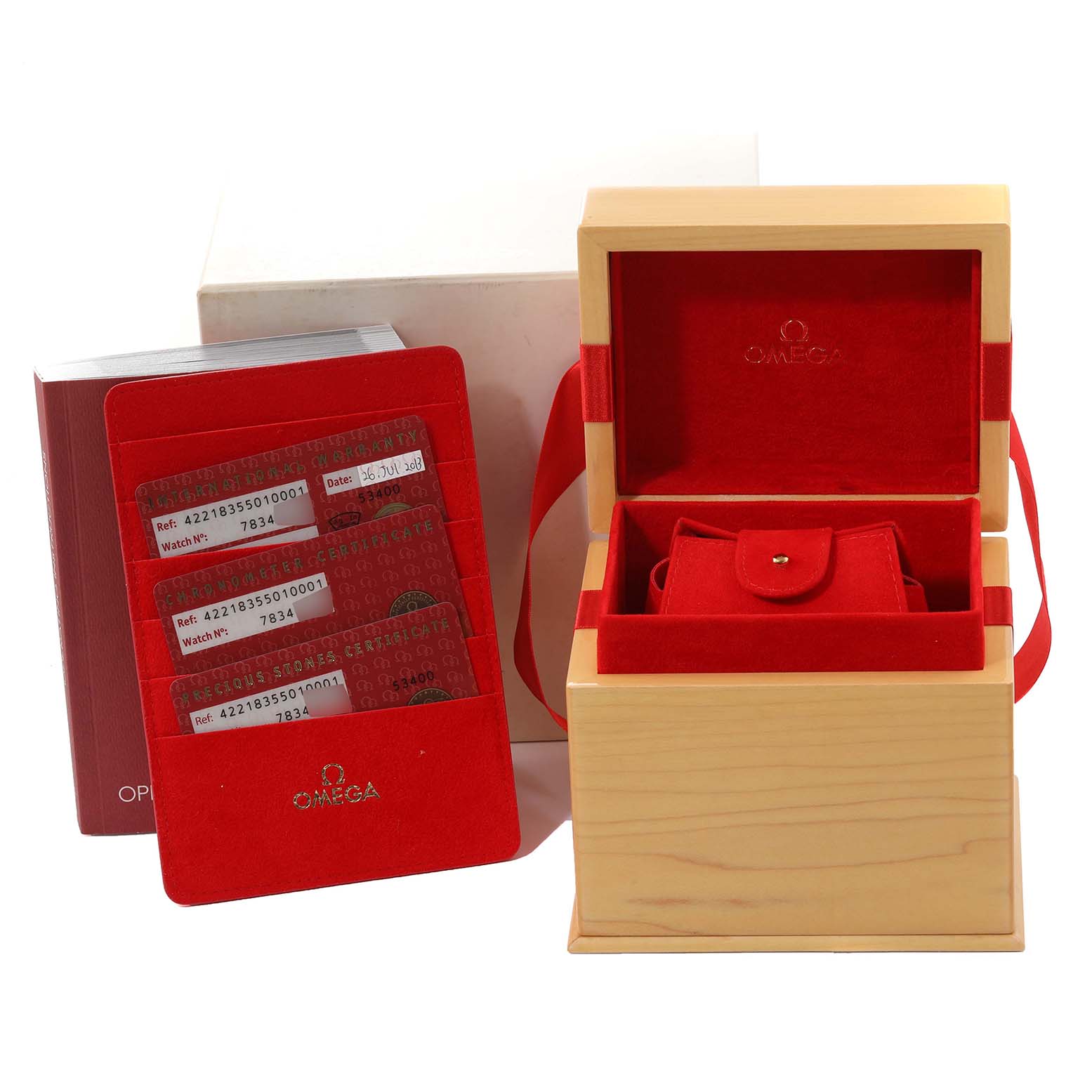 The image shows the box, cards, and booklet for the Omega 422.18.35.50.10.001 Women's Stainless Steel Purple Dial 422.18.35.50.10.001 Women's Stainless Steel Purple Dial DeVille CoAxial Steel Purple Dial Diamond Bezel Ladies Watch model 422.18.35.50.10.001.