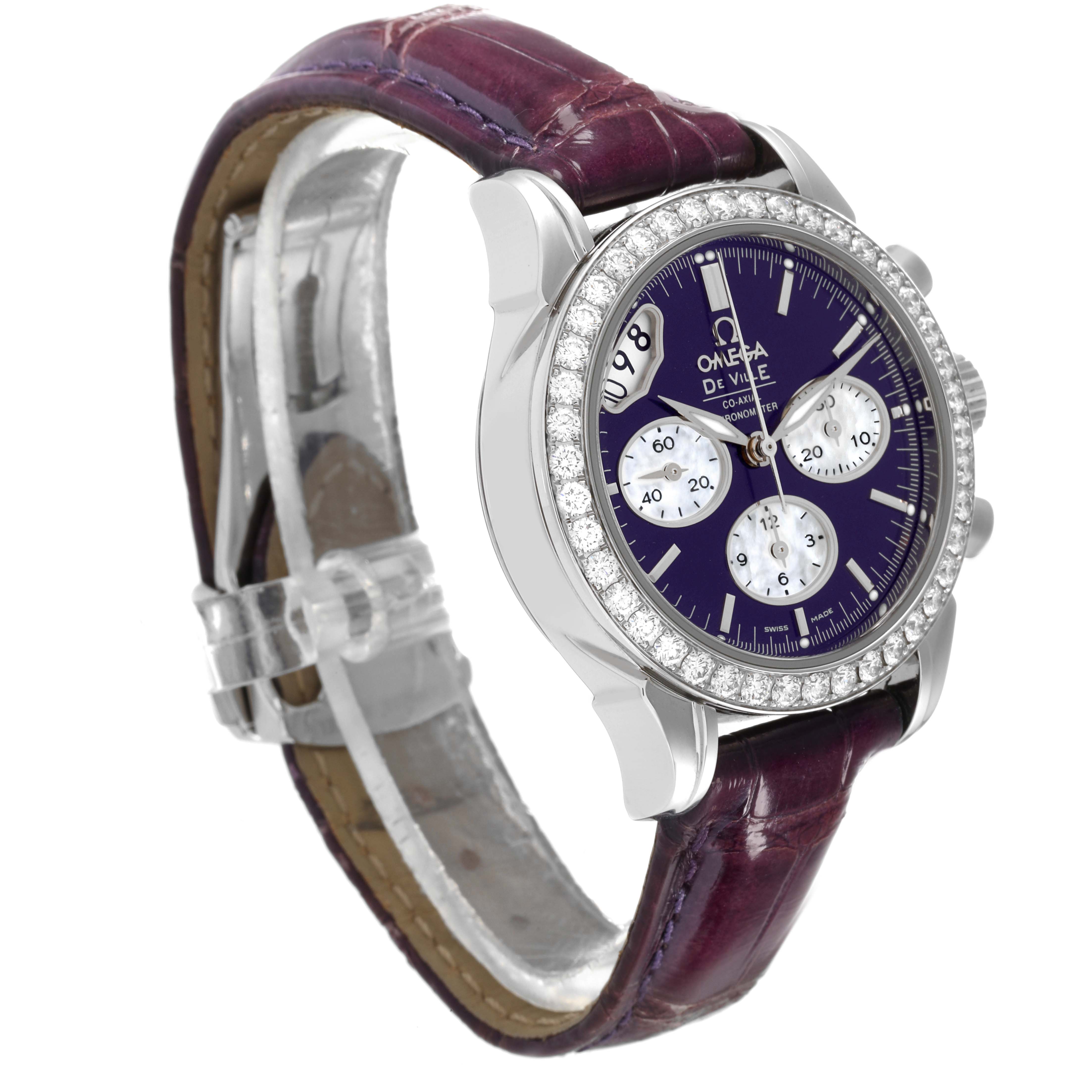 This image shows the Omega 422.18.35.50.10.001 Women's Stainless Steel Purple Dial 422.18.35.50.10.001 Women's Stainless Steel Purple Dial DeVille CoAxial Steel Purple Dial Diamond Bezel Ladies Watch 422.18.35.50.10.001 at an angle highlighting the dial, case, and strap.