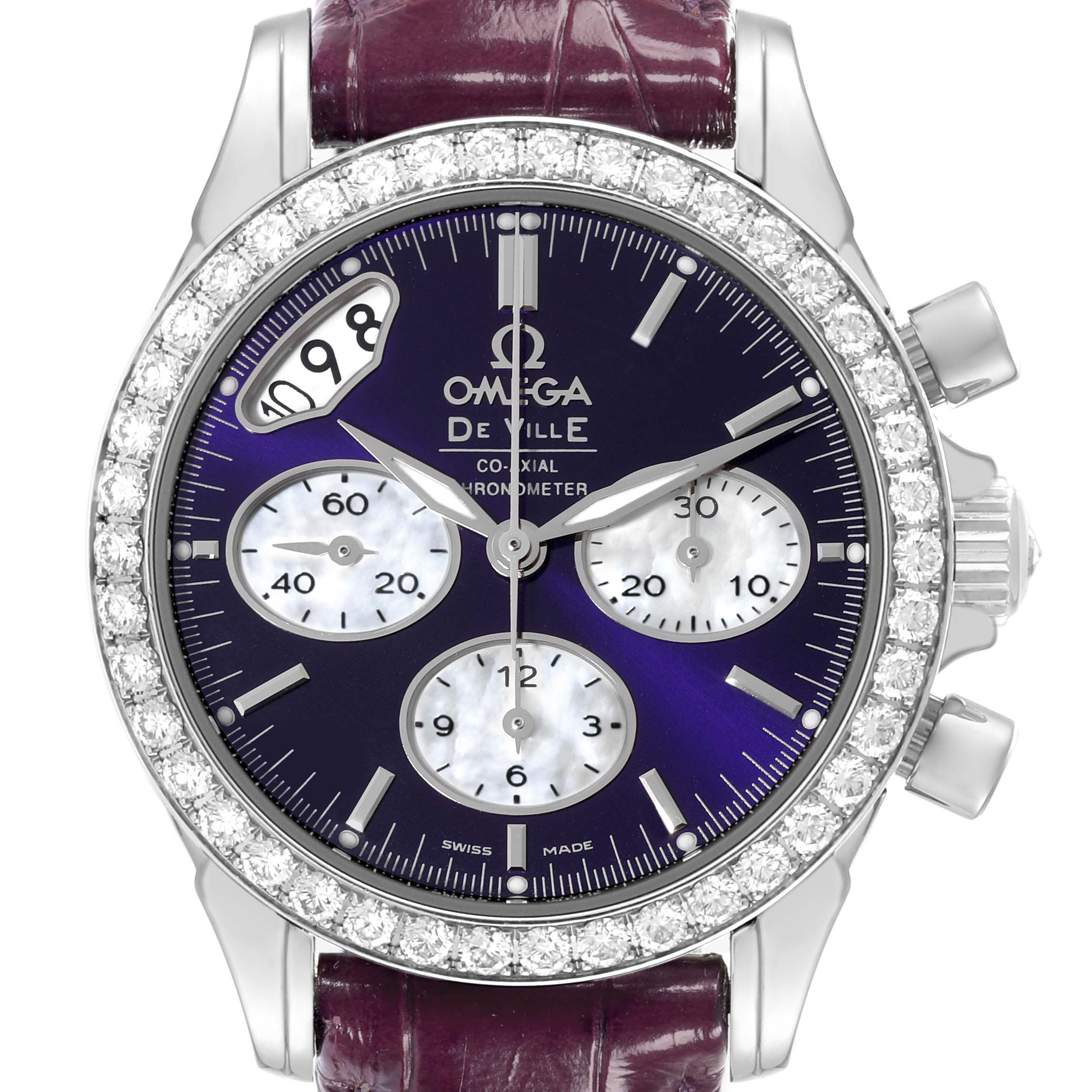 This Omega 422.18.35.50.10.001 Women's Stainless Steel Purple Dial 422.18.35.50.10.001 Women's Stainless Steel Purple Dial DeVille Co-Axial model 422.18.35.50.10.001 is shown from the front, highlighting the purple dial, diamond bezel, and chronograph features.