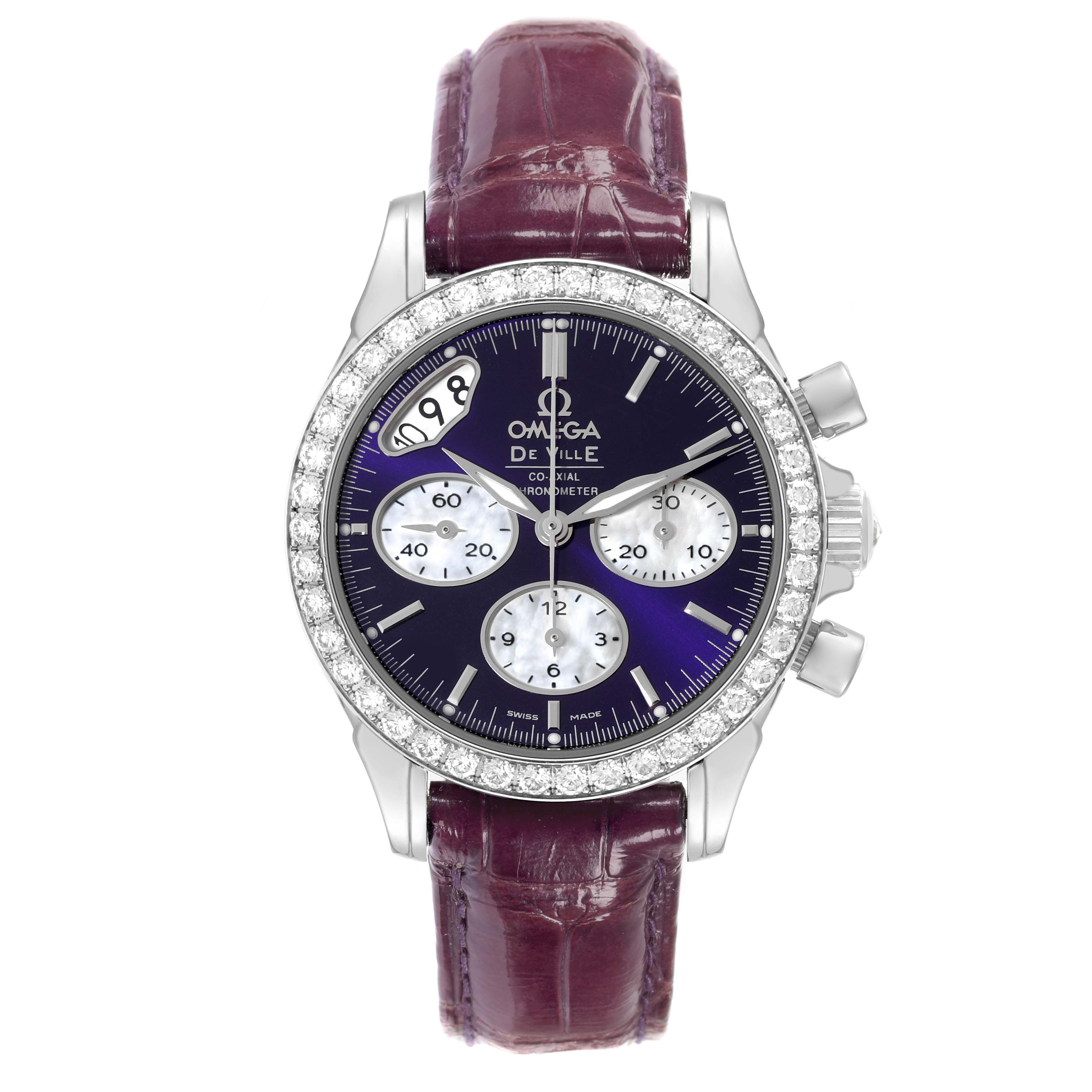 The image shows a front view of the Omega 422.18.35.50.10.001 Women's Stainless Steel Purple Dial 422.18.35.50.10.001 Women's Stainless Steel Purple Dial DeVille CoAxial Steel model 422.18.35.50.10.001, highlighting its purple dial and diamond bezel.