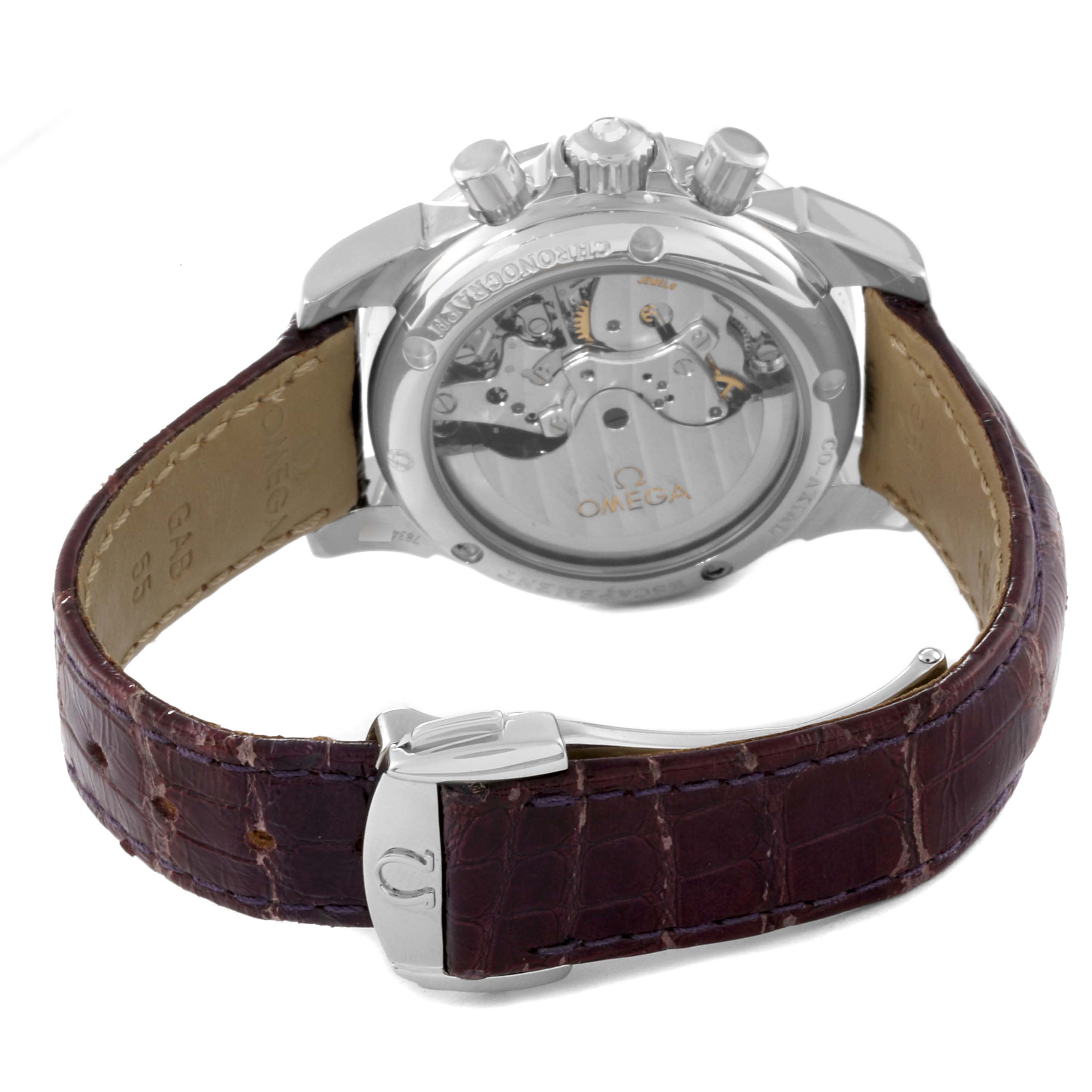 The image shows the back view of the Omega 422.18.35.50.10.001 Women's Stainless Steel Purple Dial 422.18.35.50.10.001 Women's Stainless Steel Purple Dial DeVille CoAxial Steel Ladies Watch 422.18.35.50.10.001, highlighting the case back and leather strap.