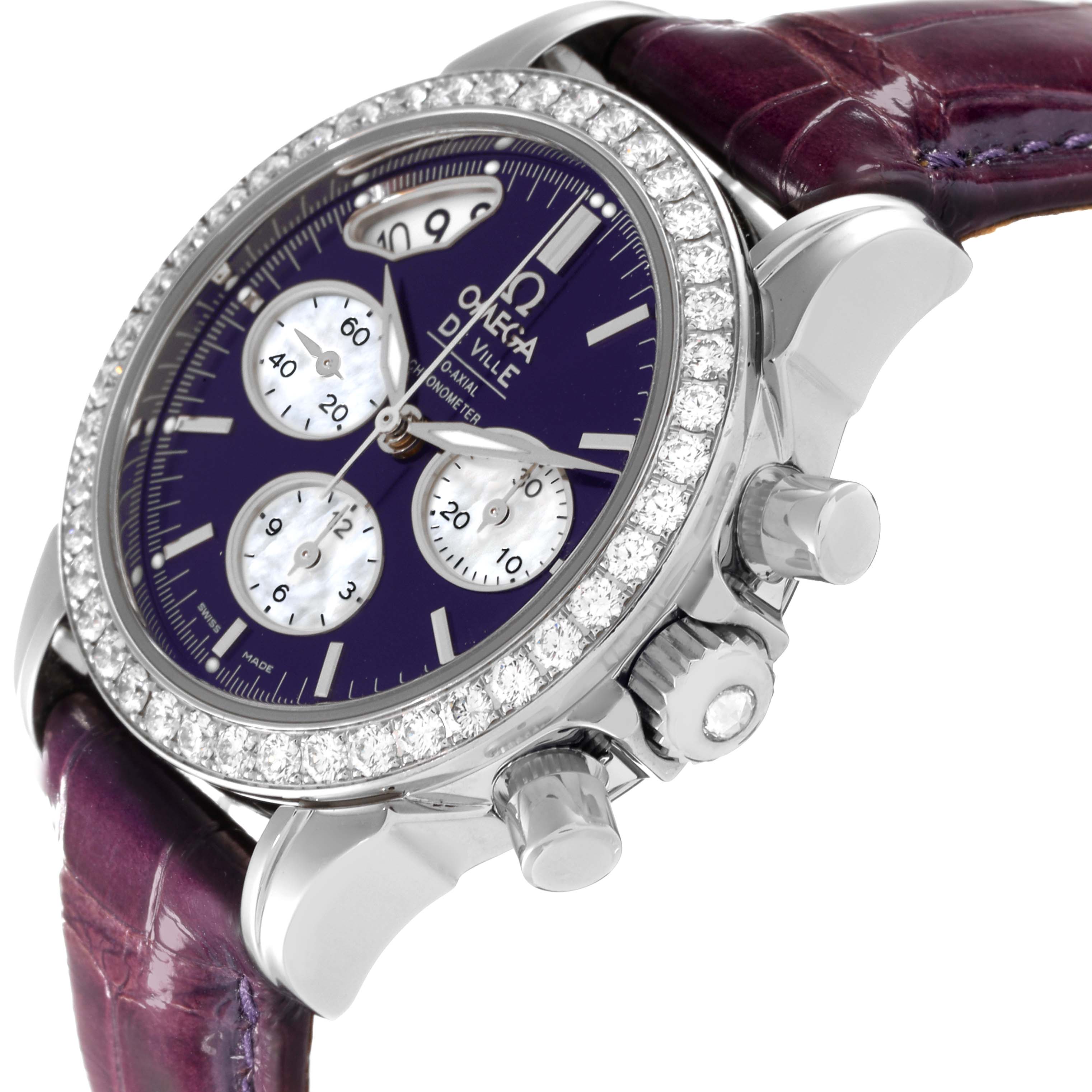 The image shows an angled side view of the Omega 422.18.35.50.10.001 Women's Stainless Steel Purple Dial 422.18.35.50.10.001 Women's Stainless Steel Purple Dial DeVille CoAxial Steel Ladies Watch 422.18.35.50.10.001, highlighting the purple dial, diamond bezel, and purple strap.