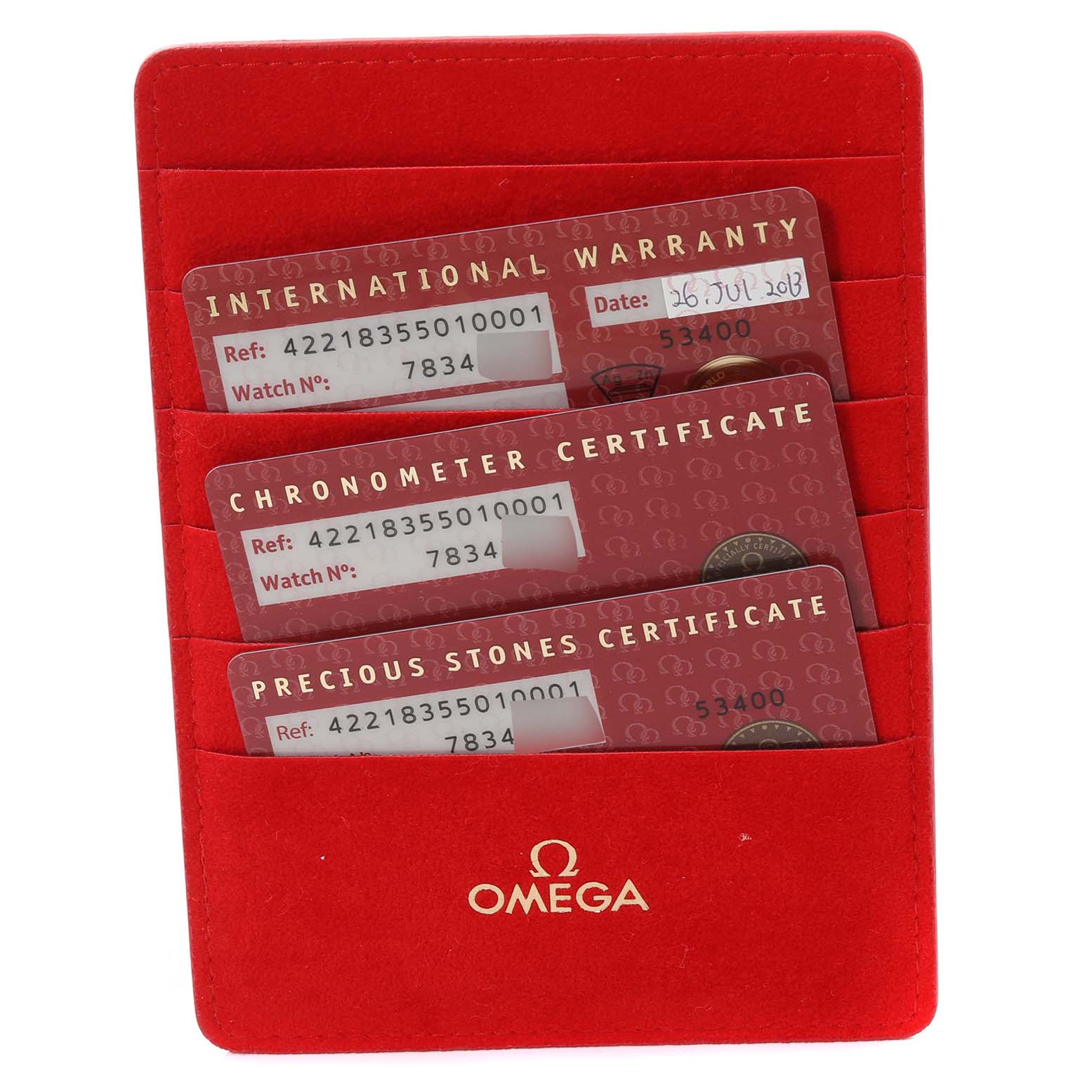 The image shows warranty and certification cards for the Omega 422.18.35.50.10.001 Women's Stainless Steel Purple Dial 422.18.35.50.10.001 Women's Stainless Steel Purple Dial DeVille Co-Axial Steel Purple Dial Diamond Bezel Ladies Watch 422.18.35.50.10.001.