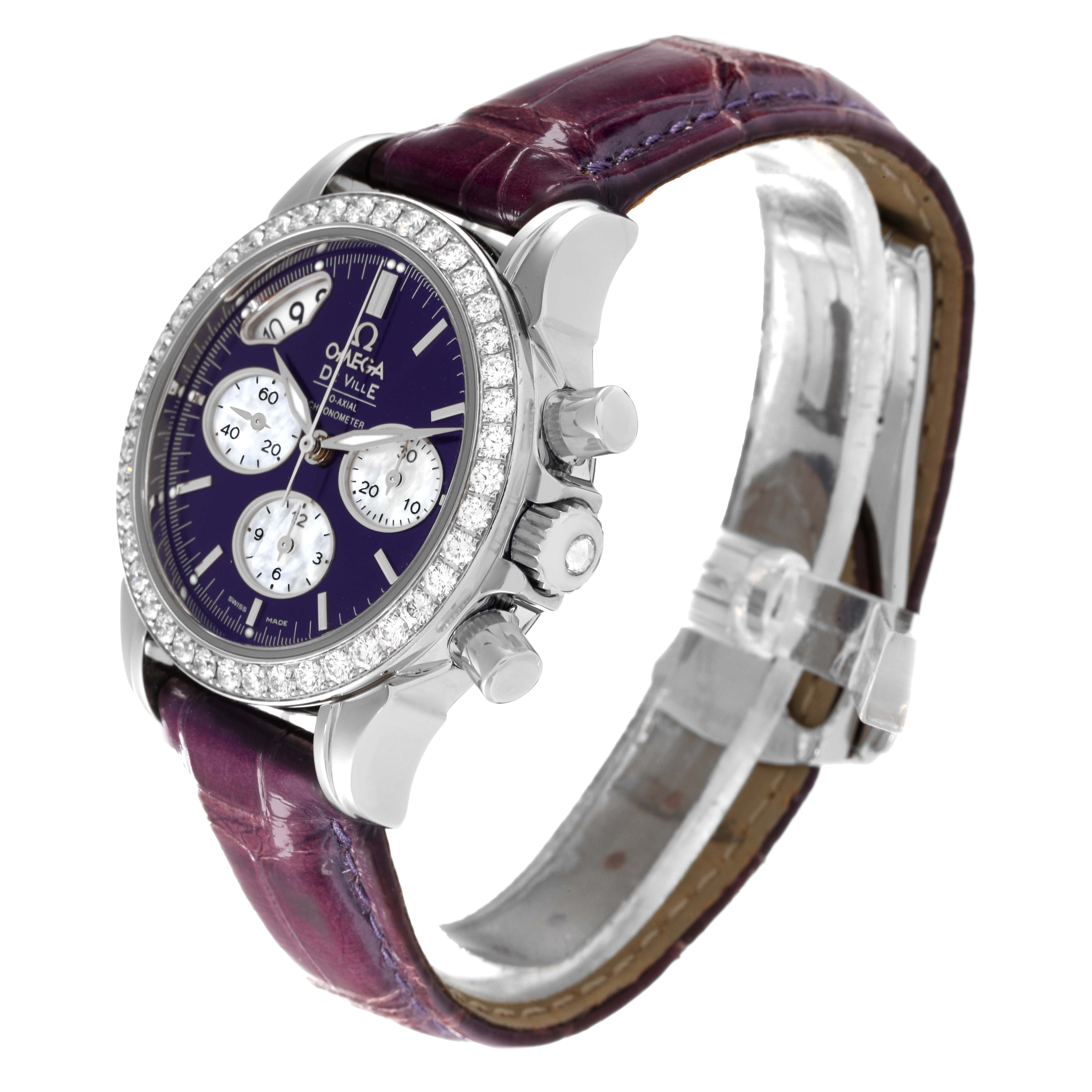 The image shows an Omega 422.18.35.50.10.001 Women's Stainless Steel Purple Dial 422.18.35.50.10.001 Women's Stainless Steel Purple Dial DeVille CoAxial Steel Purple Dial Diamond Bezel Ladies Watch model 422.18.35.50.10.001 at a three-quarter angle.