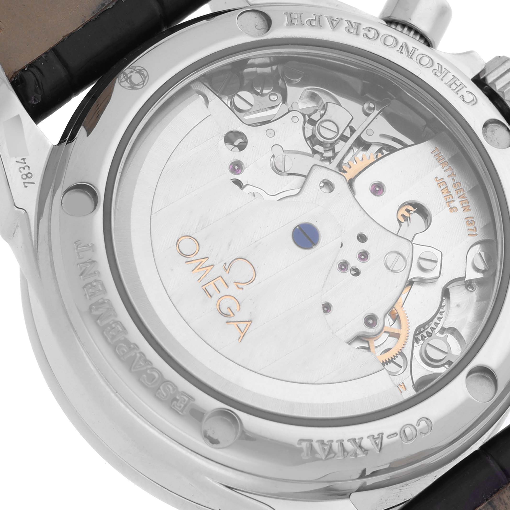 The image shows the back view, highlighting the inner mechanism of the Omega 422.18.35.50.10.001 Women's Stainless Steel Purple Dial 422.18.35.50.10.001 Women's Stainless Steel Purple Dial DeVille CoAxial Ladies Watch model 422.18.35.50.10.001.