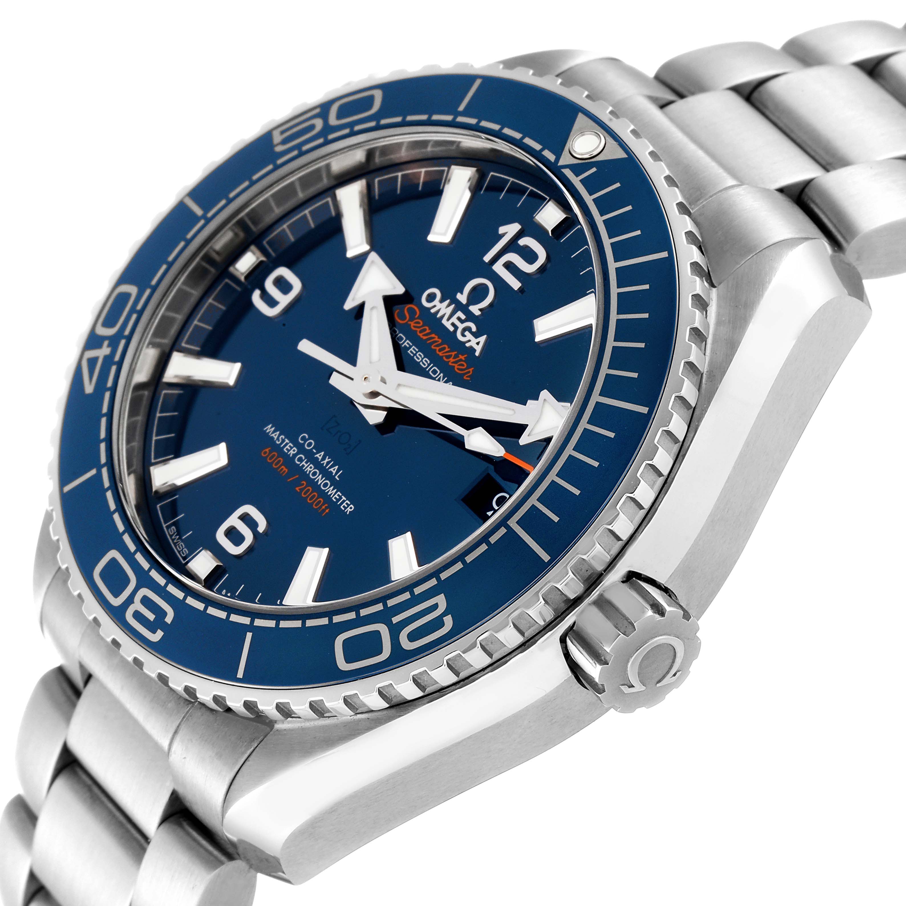 The image displays an angled view of the Omega Planet Ocean 215.30.40.20.03.001 Men
s Stainless Steel Black Dial 215.30.40.20.03.001 Men
s Stainless Steel Black Dial watch, highlighting the dial, bezel, crown, and part of the bracelet.