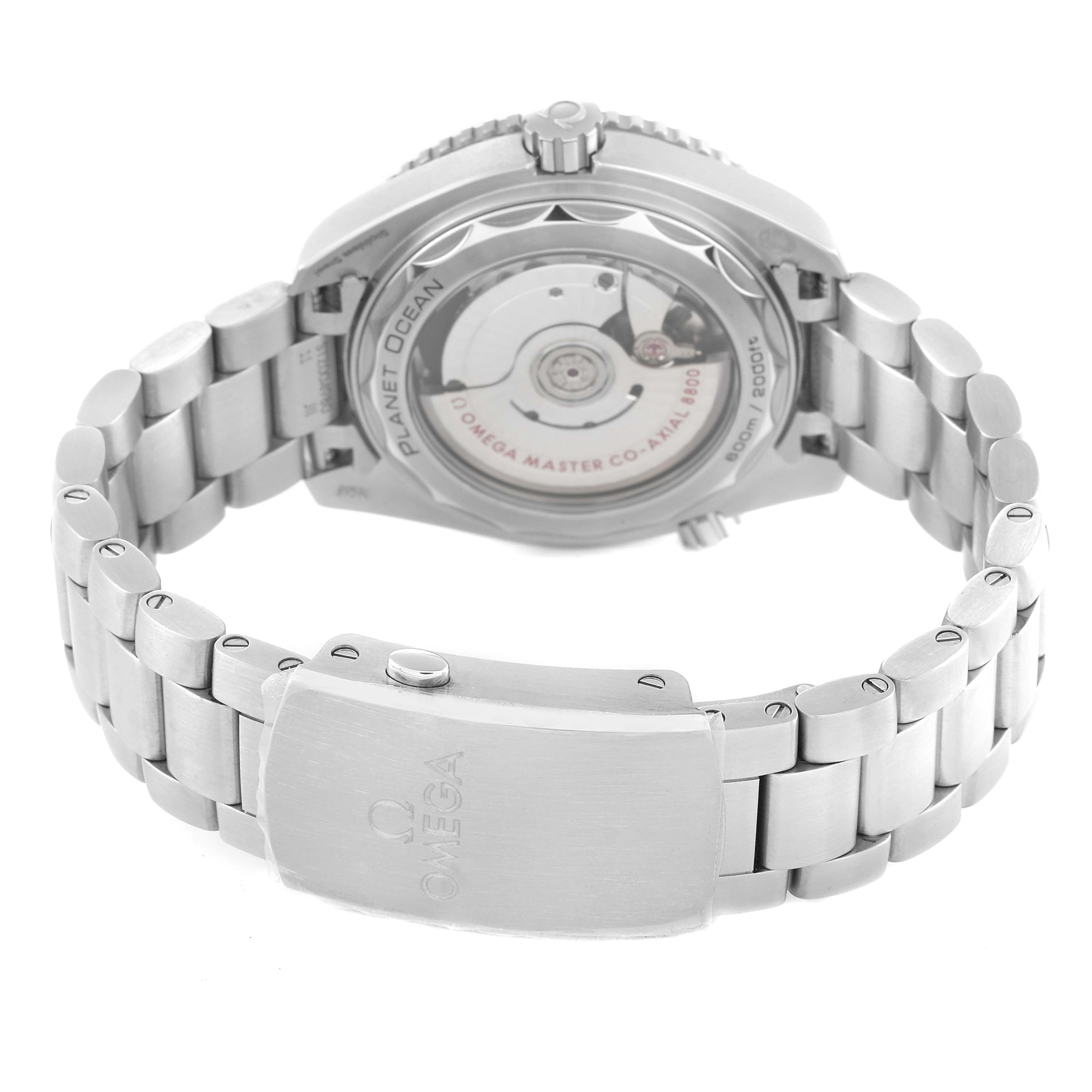 The image shows the back view of the Omega Planet Ocean 215.30.40.20.03.001 Men
s Stainless Steel Black Dial 215.30.40.20.03.001 Men
s Stainless Steel Black Dial watch, highlighting the case back and bracelet.