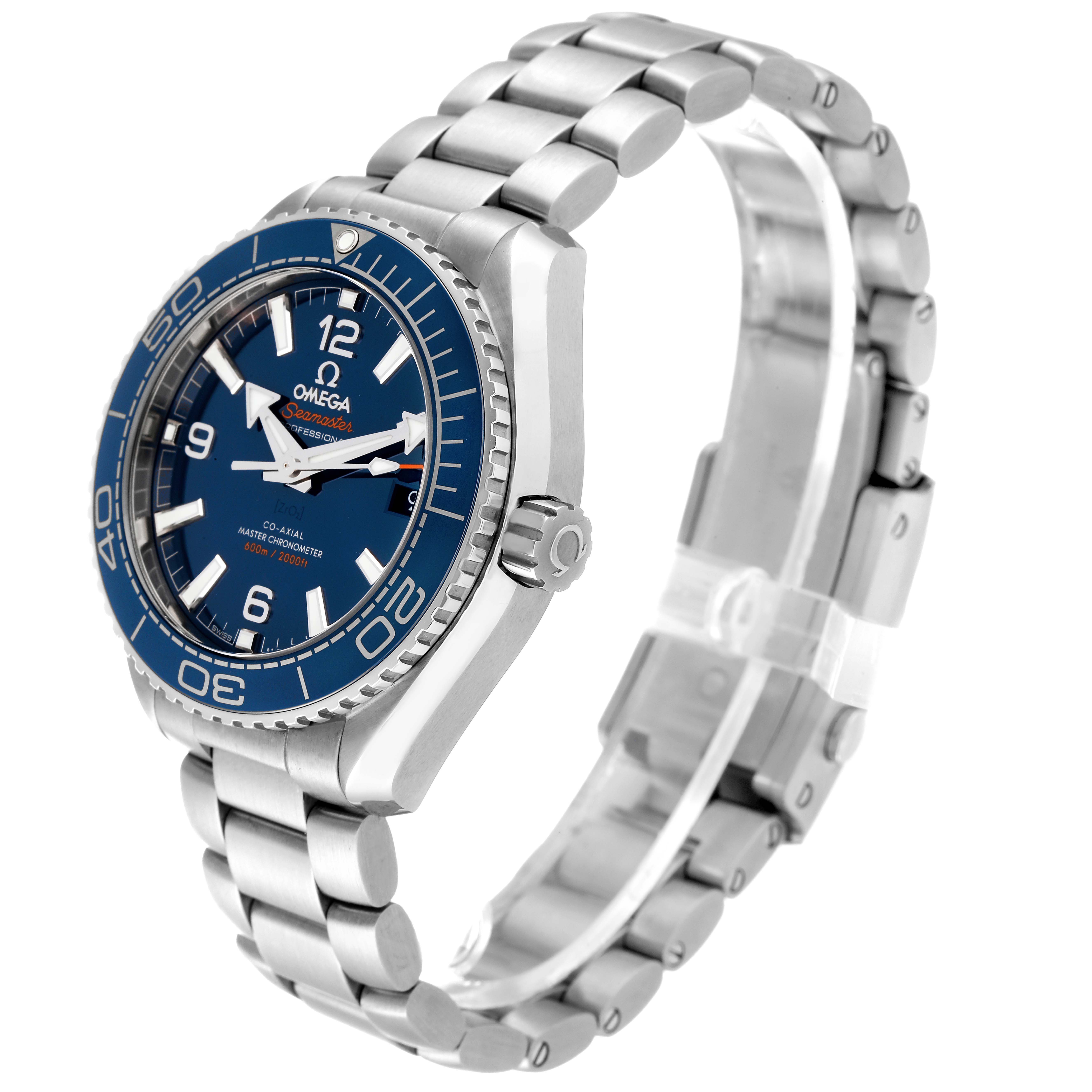 The Omega Planet Ocean 215.30.40.20.03.001 Men
s Stainless Steel Black Dial 215.30.40.20.03.001 Men
s Stainless Steel Black Dial watch is shown at an angle, displaying the face, bezel, crown, and full bracelet.