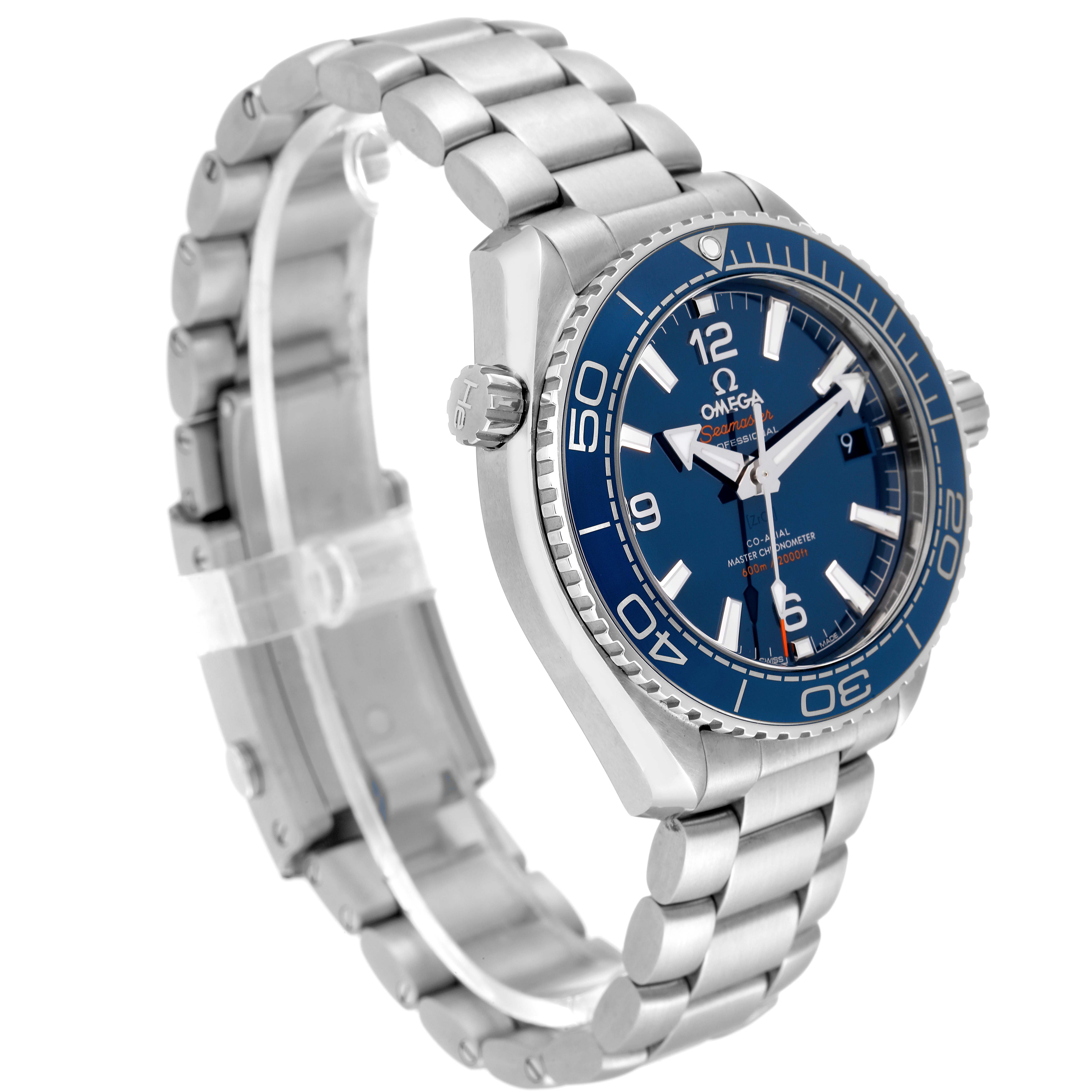 The Omega Planet Ocean 215.30.40.20.03.001 Men
s Stainless Steel Black Dial 215.30.40.20.03.001 Men
s Stainless Steel Black Dial watch is shown at a three-quarter angle, highlighting the face, bracelet, and crown.