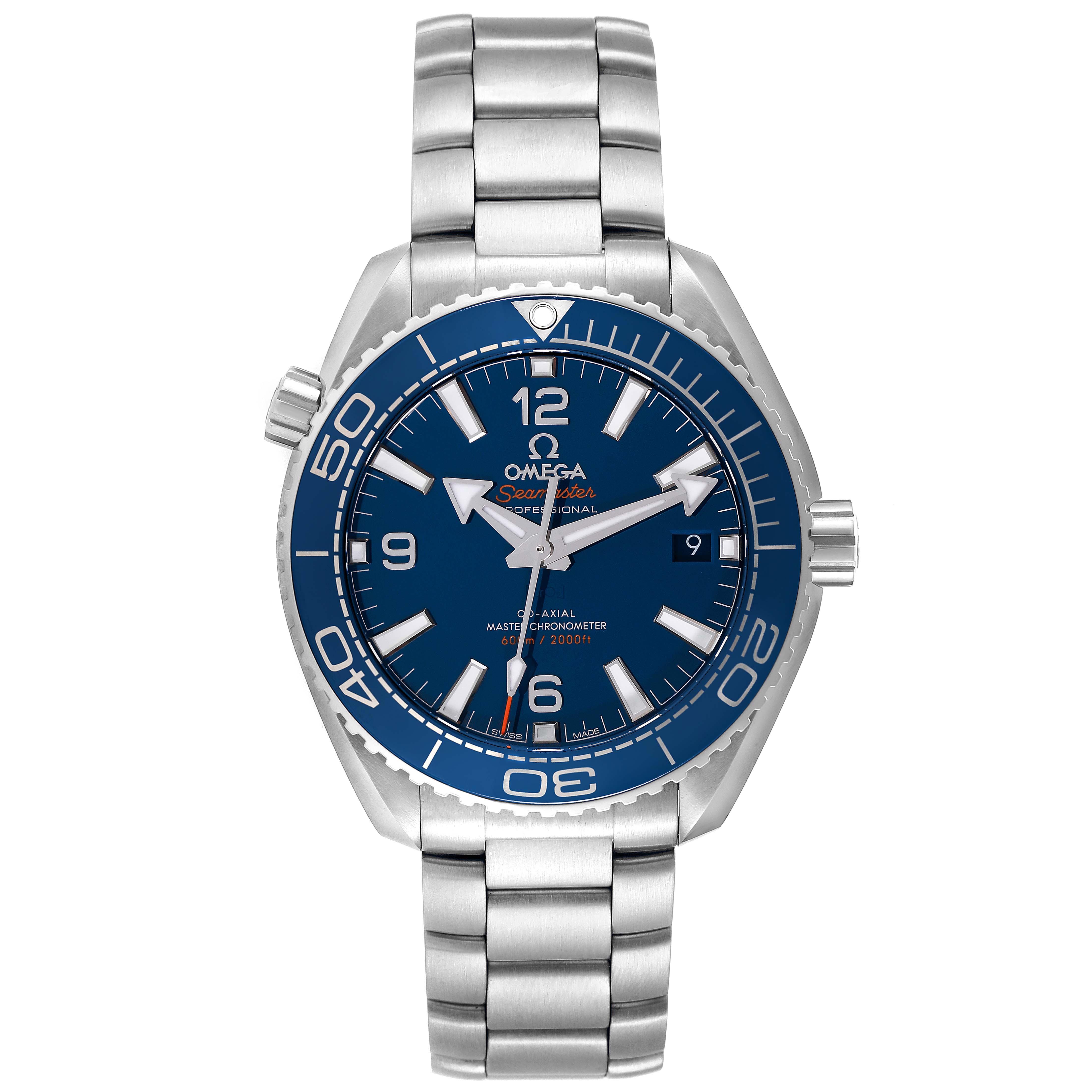 The image shows the front view of an Omega Planet Ocean 215.30.40.20.03.001 Men
s Stainless Steel Black Dial 215.30.40.20.03.001 Men
s Stainless Steel Black Dial watch featuring a stainless steel bracelet and a blue dial.