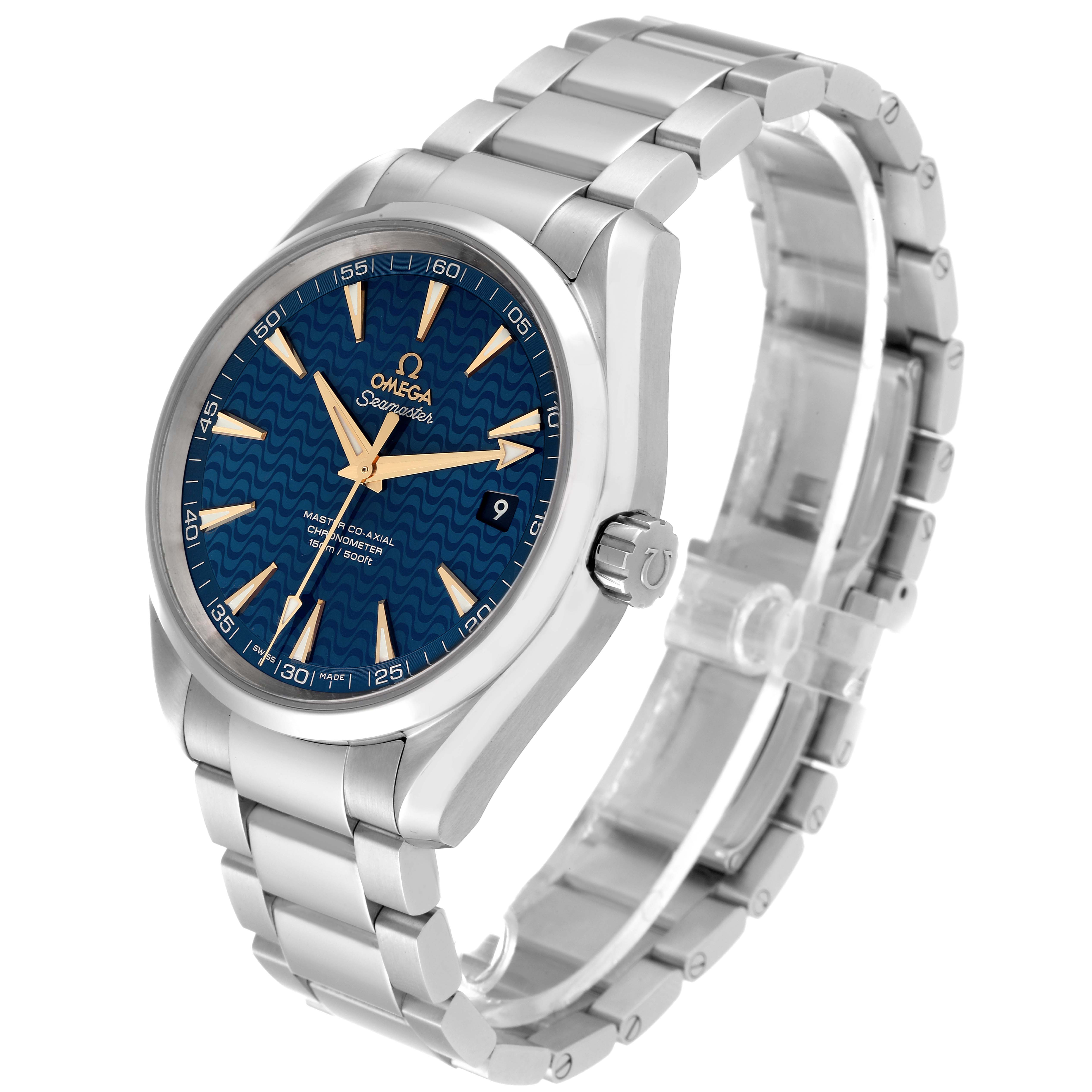 The image shows an angled side view of the Omega Aqua Terra 231.10.42.21.03.006 Men's Stainless Steel Blue Dial 231.10.42.21.03.006 Men's Stainless Steel Blue Dial watch, highlighting the face, bracelet, and clasp.