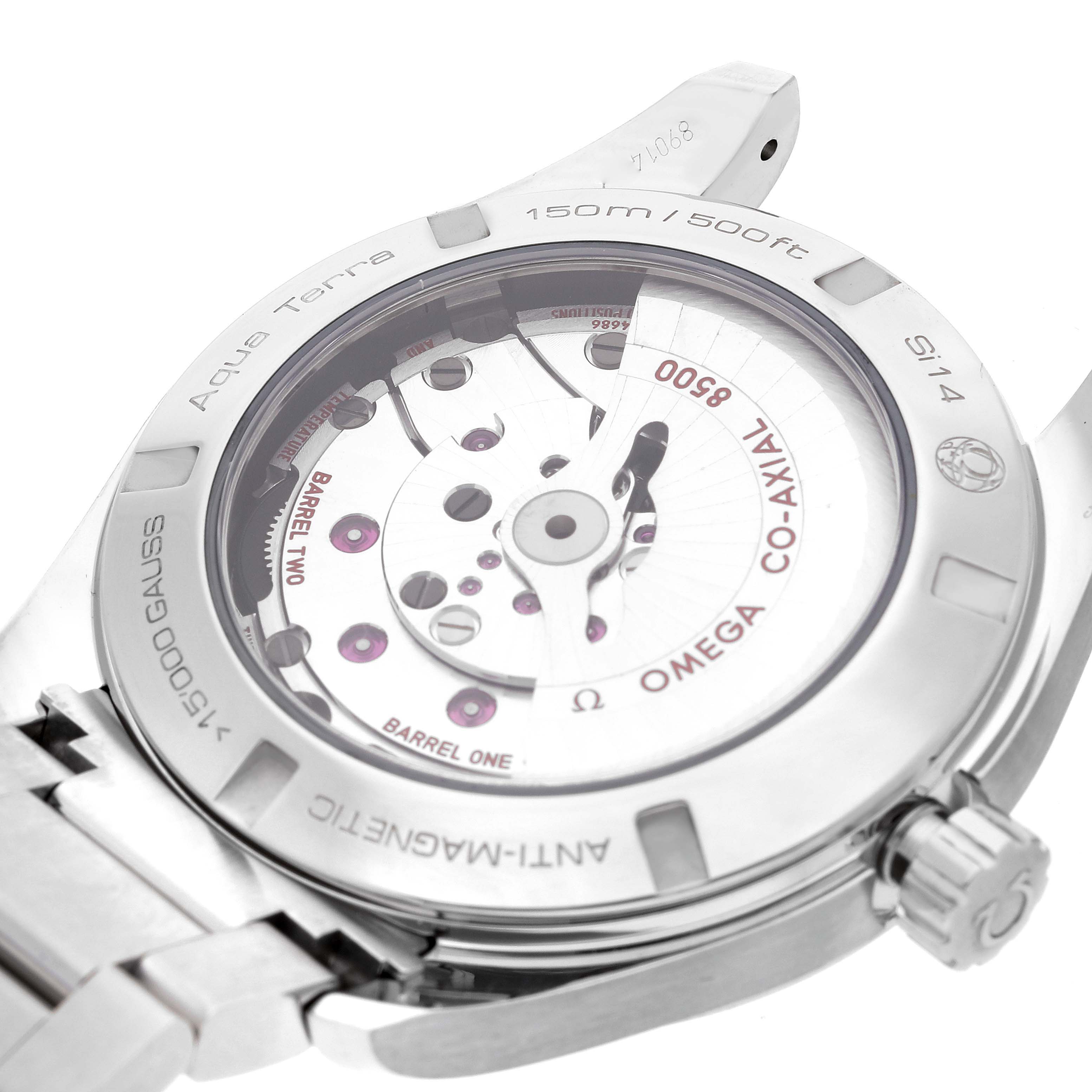 The image shows the back of the Omega Aqua Terra 231.10.42.21.03.006 Men's Stainless Steel Blue Dial 231.10.42.21.03.006 Men's Stainless Steel Blue Dial watch, highlighting the movement and anti-magnetic labeling.