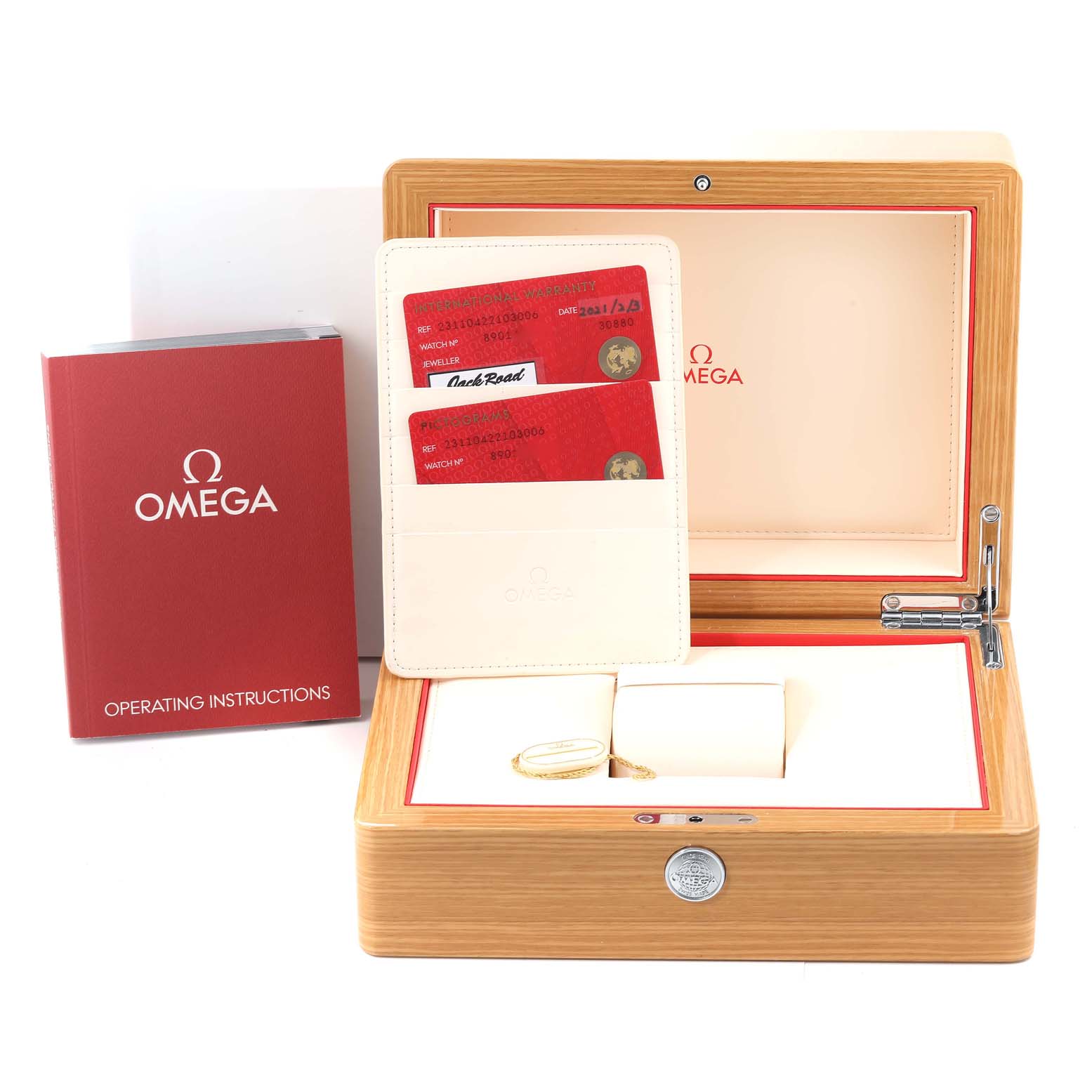 The image shows an open wooden case for an Omega Aqua Terra 231.10.42.21.03.006 Men's Stainless Steel Blue Dial 231.10.42.21.03.006 Men's Stainless Steel Blue Dial watch, warranty cards, and an operating instruction booklet.